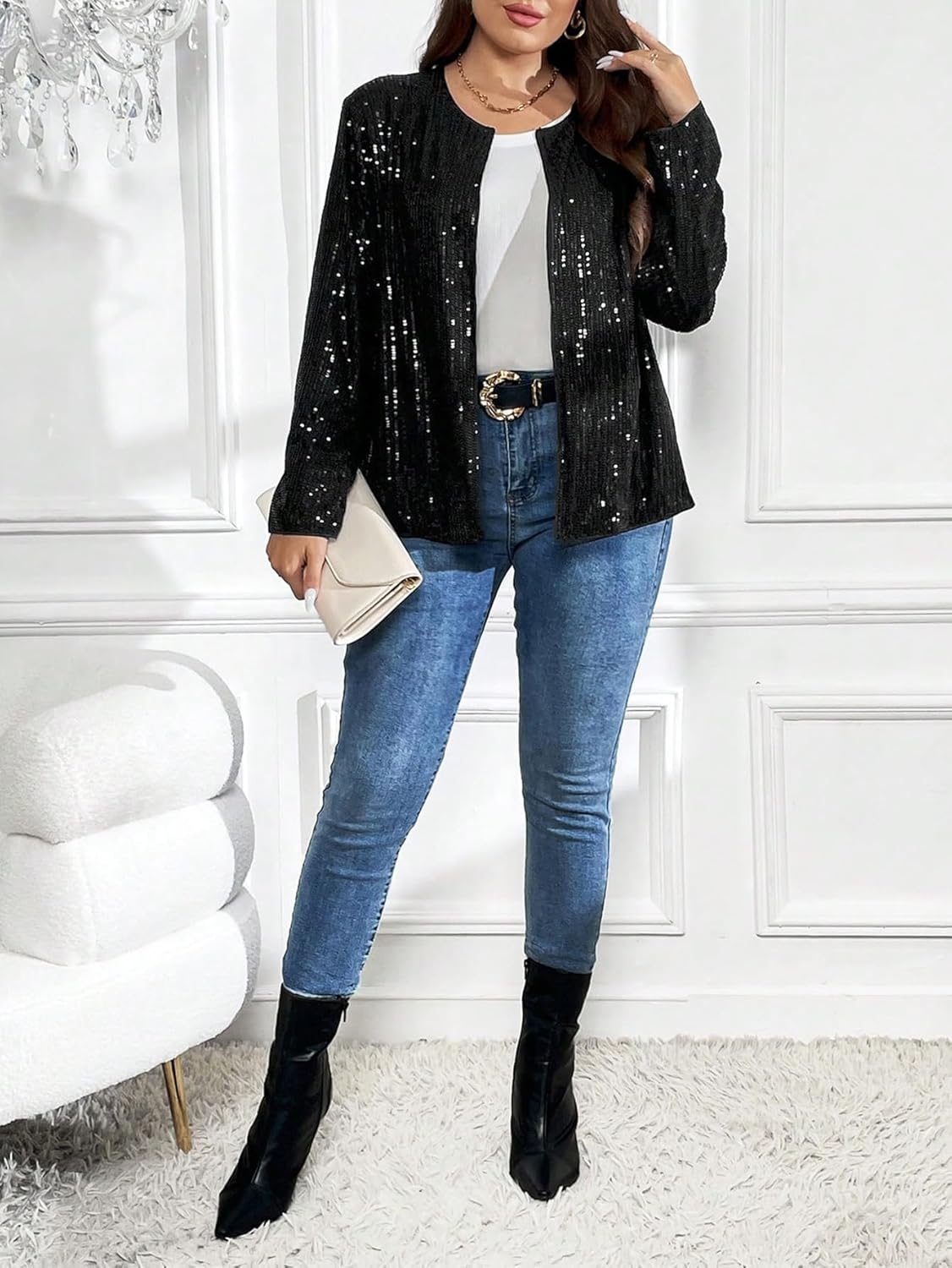 Floerns Women's Contrast Sequin Shiny Long Sleeve Open Front Party Jacket - Image 5