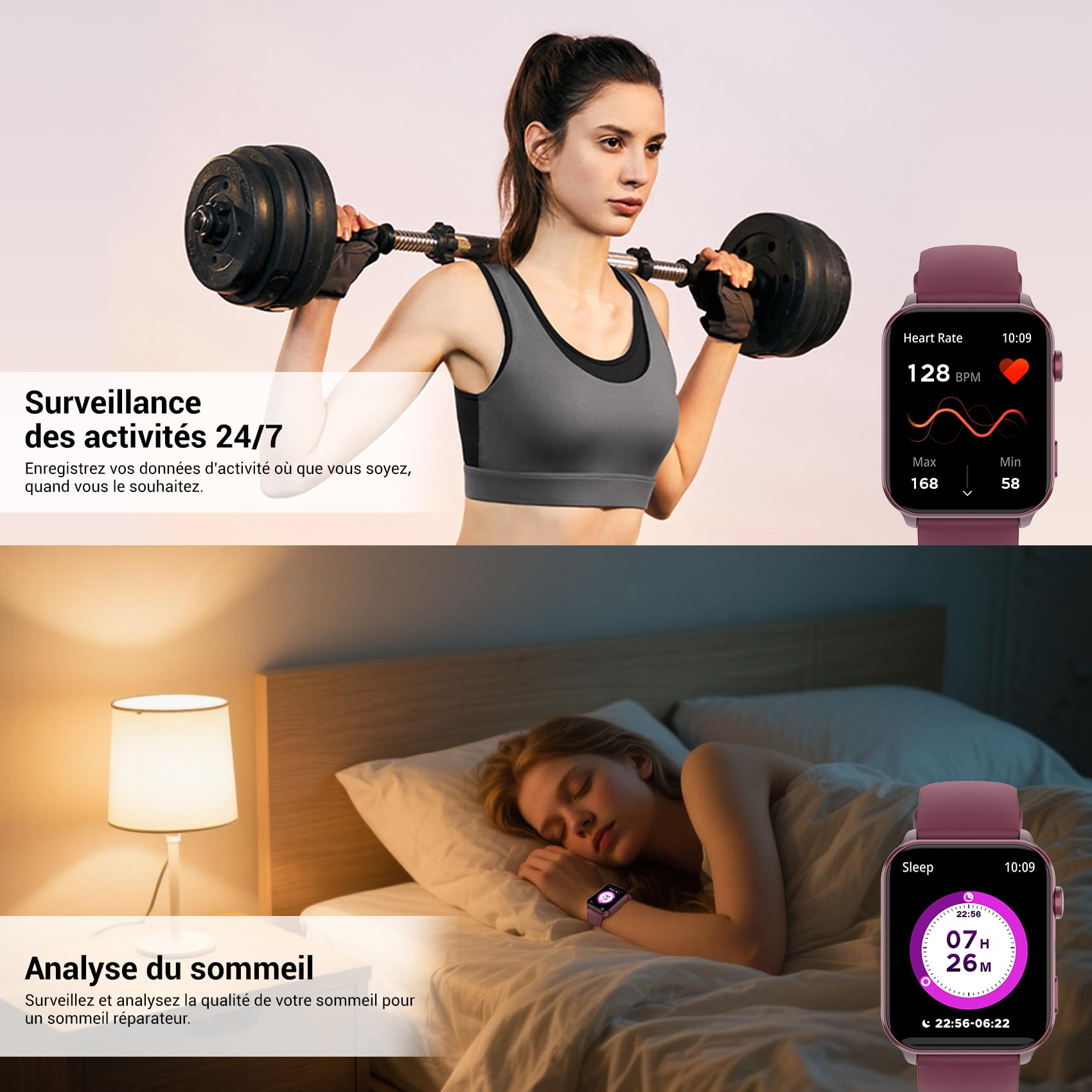 IOWODO Montre Connectée Femme, Appel Bluetooth, Écran 1.85" à LCD, Notifications Réseaux Sociaux, Cardiofréquence/Oxymètre/Analyse Sommeil, 100+ Modes Sports, pour Android& iOS(Violete)