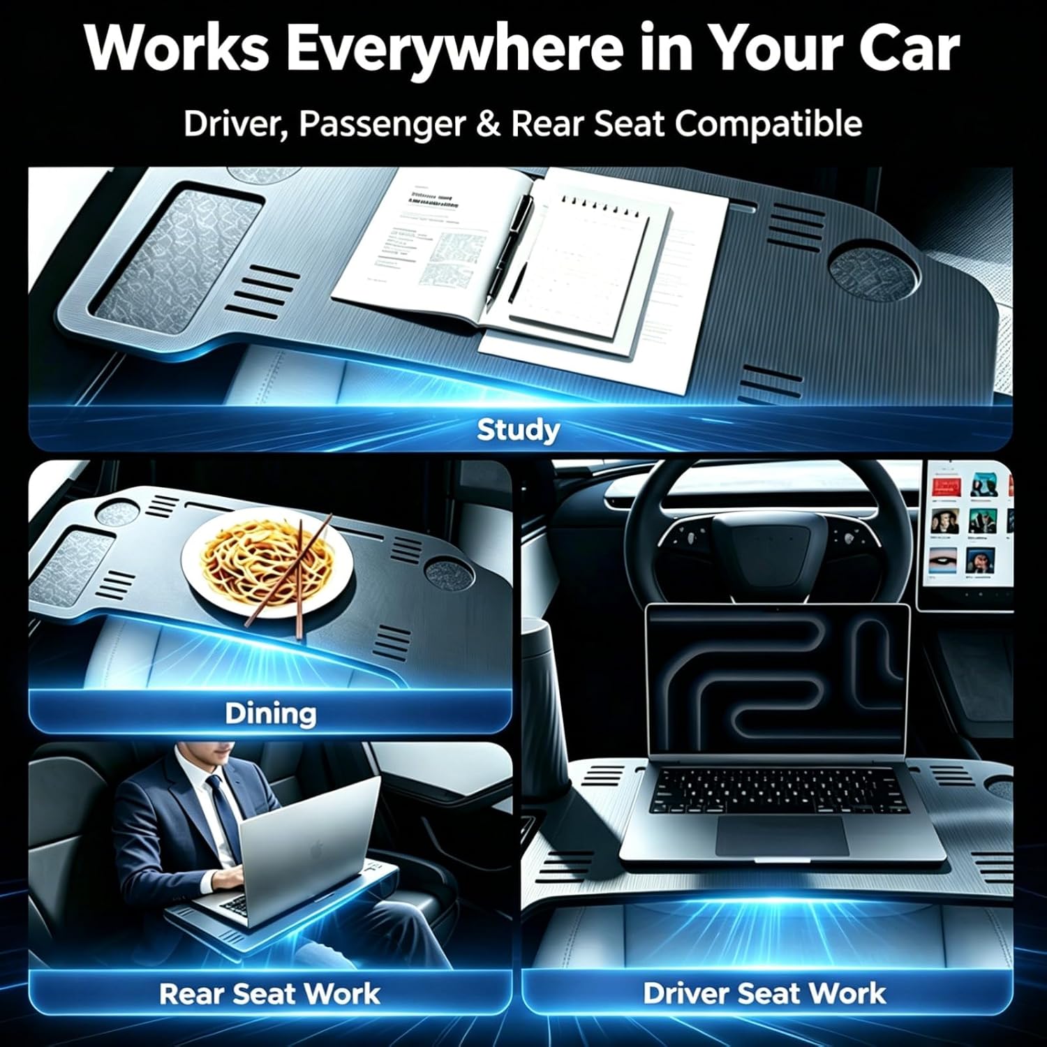 Car Desk for Laptop – Extra Large 30" Cross-Armrest Tray, No Steering Wheel Attachment, Foldable Portable Workstation for Eating, Working, Road Trips & Camping – Universal Fit Design