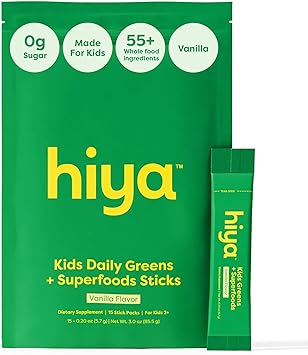 HIYA Kids Greens Powder Sticks - 55 Whole-Food Sourced Ingredients & Delicious Flavor - Greens Superfood Powder for Kids Vanilla