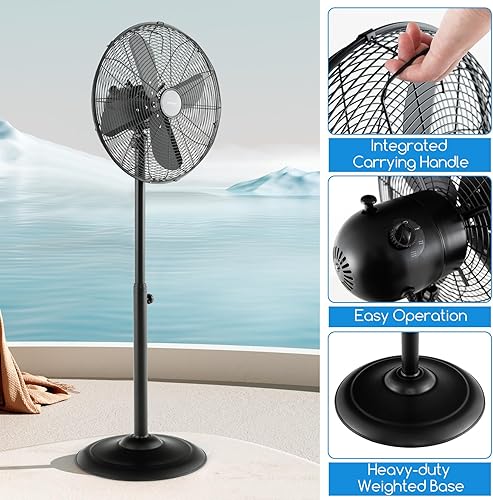 Miniatura 7 de Tangkula Ventilador de pedestal de metal de 16 pulgadas, ventilador de pie de metal industrial con altura ajustable, 3 velocidades, oscilación de