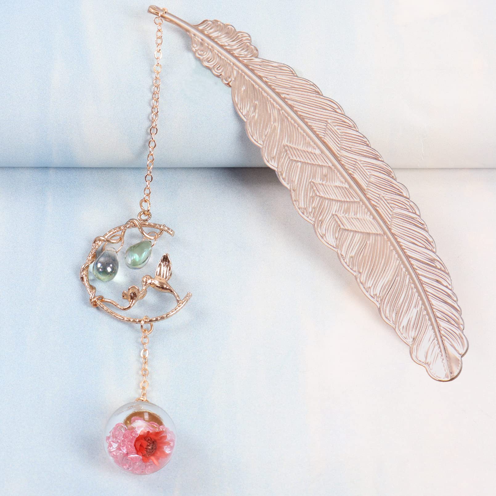 Metal Feather Bookmark with 3D Hummingbirdand and Glass Beads Pendant, Handmade Vintage Bookmark with Gift Box - Image 3