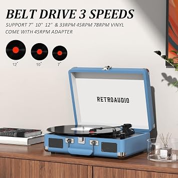 RetroAudio Vinyl Record Player Bluetooth Vintage Portable Suitcase Turntable with Built-in Speakers 3-Speed Belt-Driven Record Player Support RCA Output and Headphone Output