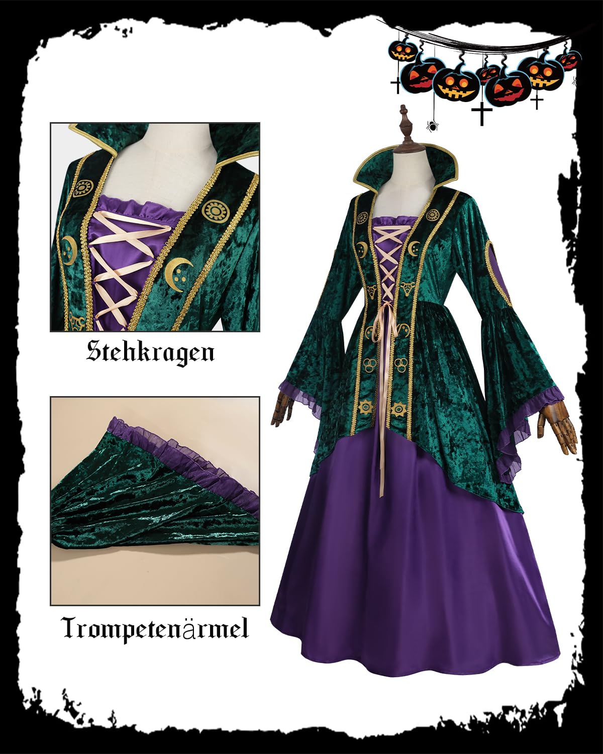 Hexenkostüm für Frauen, Sanderson Schwestern Cosplay Kostüm, Hocus Pocus Halloween Kleid, Mittelalterliche Witch Kostüm