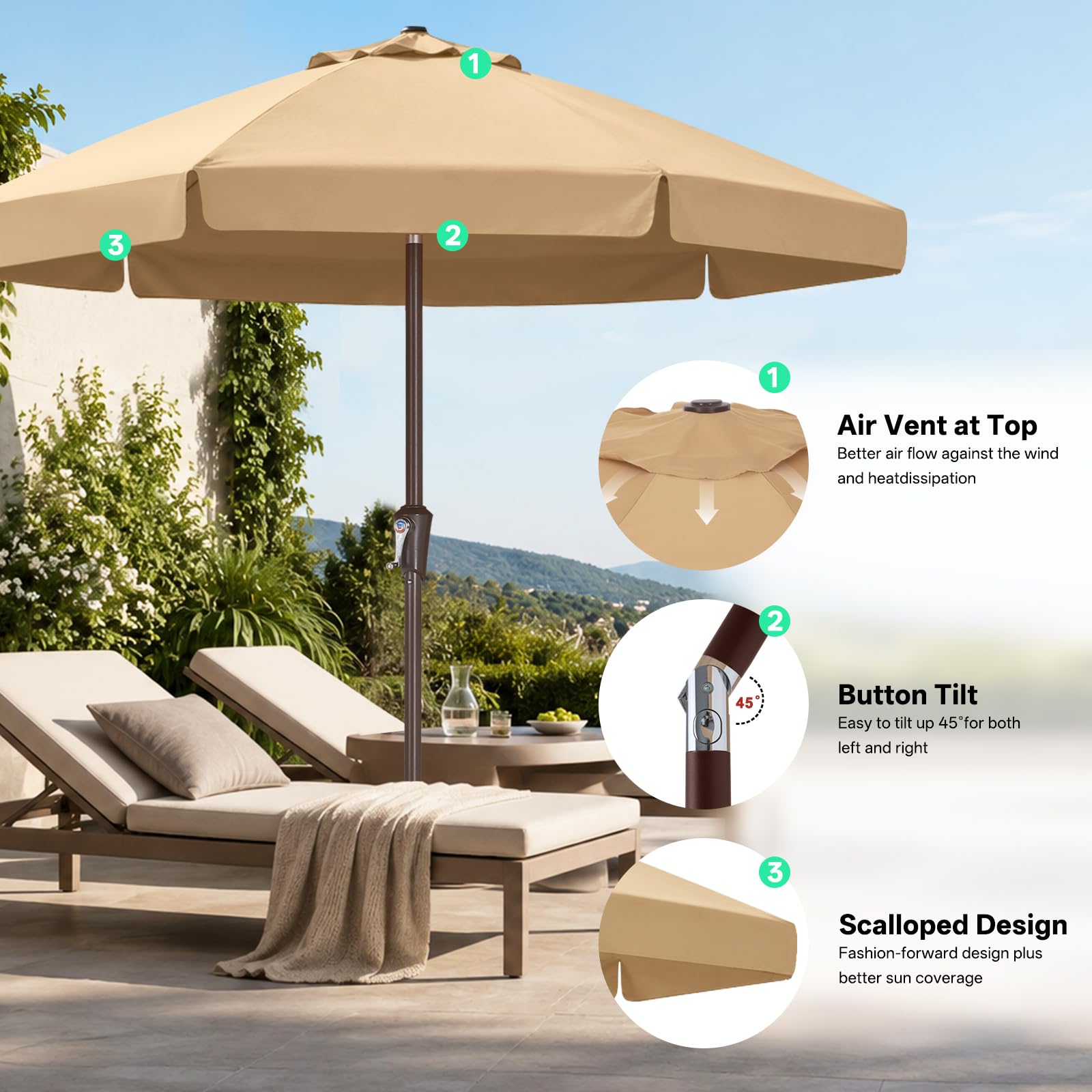 ABCCANOPY Parasol de table inclinable avec bouton poussoir pour jardin, terrasse, cour et piscine, 8 baleines, 13 couleurs