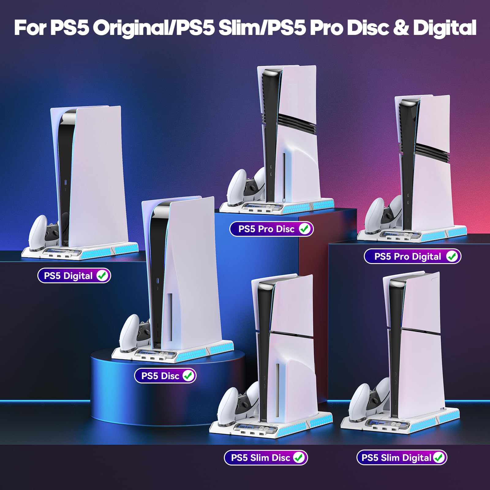 Tokluck Support de refroidissement pour PS5 Pro/PS5 Slim/PS 5 avec réglage automatique, base de charge manette PS5 avec ventilateur de refroidissement à 4 étapes, accessoires PS5 Original/Edge