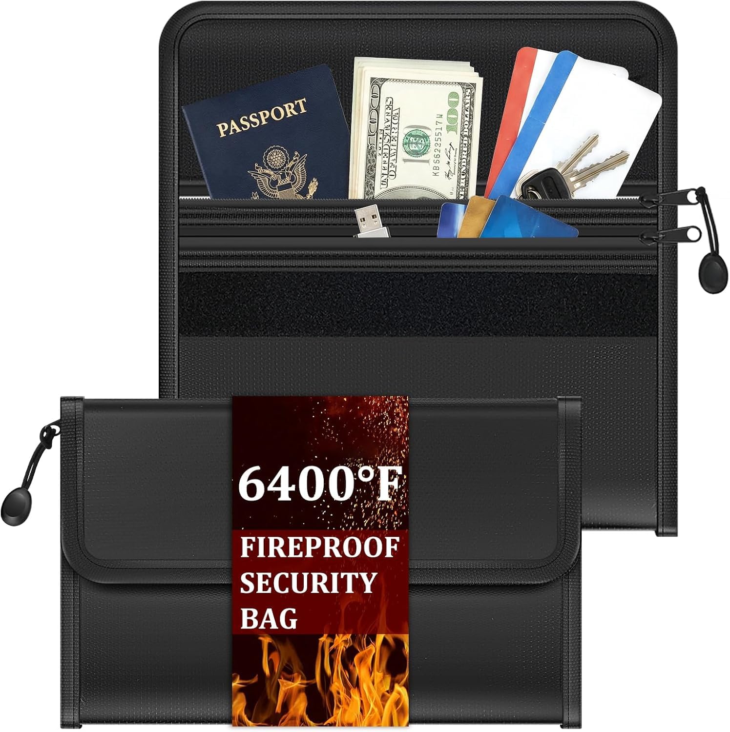 NIHUIFDPY 2Pcs Fireproof Document Bag with Zipper, 6400℉ Fireproof Waterproof Money Bag for Cash Valuables, Small Safe Storage Organizer Pouch for Travel Passport Cards, 8.8"x5.9", Black-picture-14