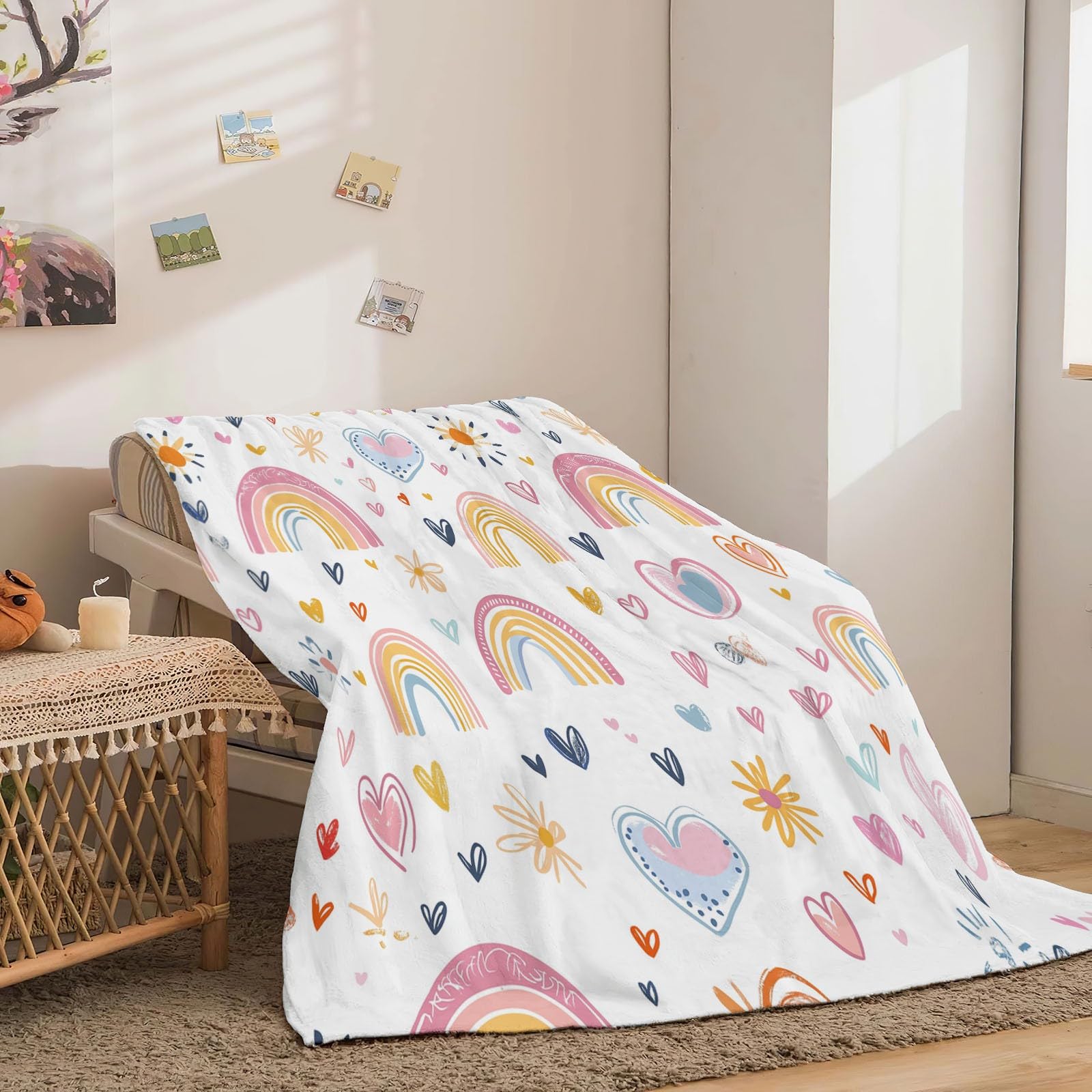 Manta de Forro Polar Rosa Azul Suave y esponjosa, Manta cálida para Cama Flores corazón arcoíris adorables para Dormitorio Sala de Estar Oficina 180 x 220 cm