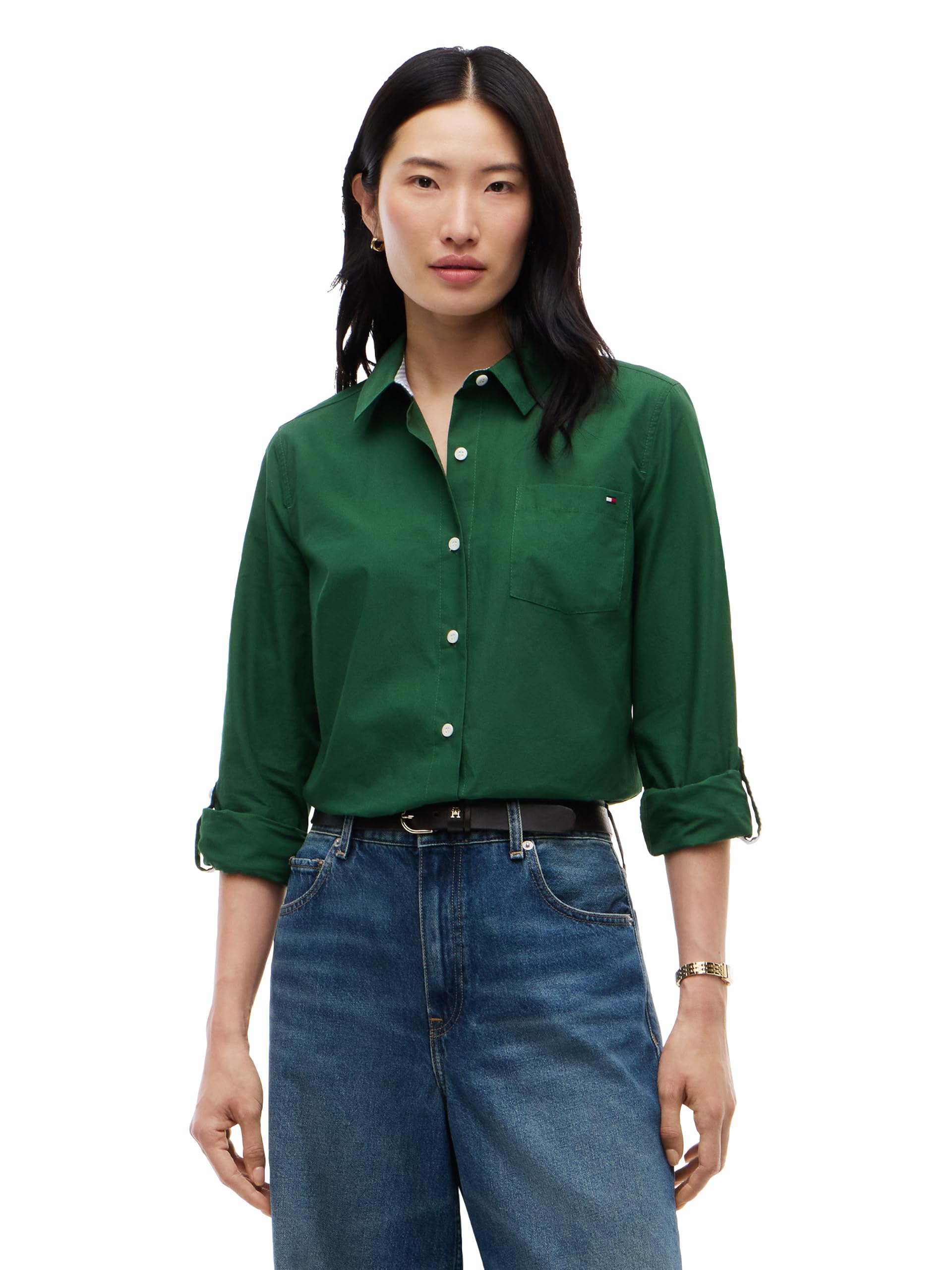 Women's Cotton Poplin Long Sleeve Button Down Shirt in Regular Fit with Roll Up Sleeve