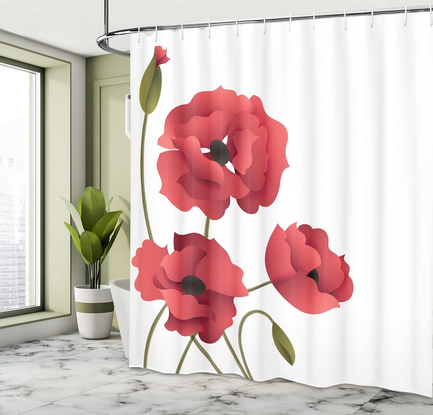 Ambesonne Floral Shower Curtain, Poppy Flowers Vivid Petals Buds Pastoral Purity Mother Earth Nature Design, Cloth Fabric Bathroom Decor Set with Hooks, 69" W x 70" L, Dark Pink