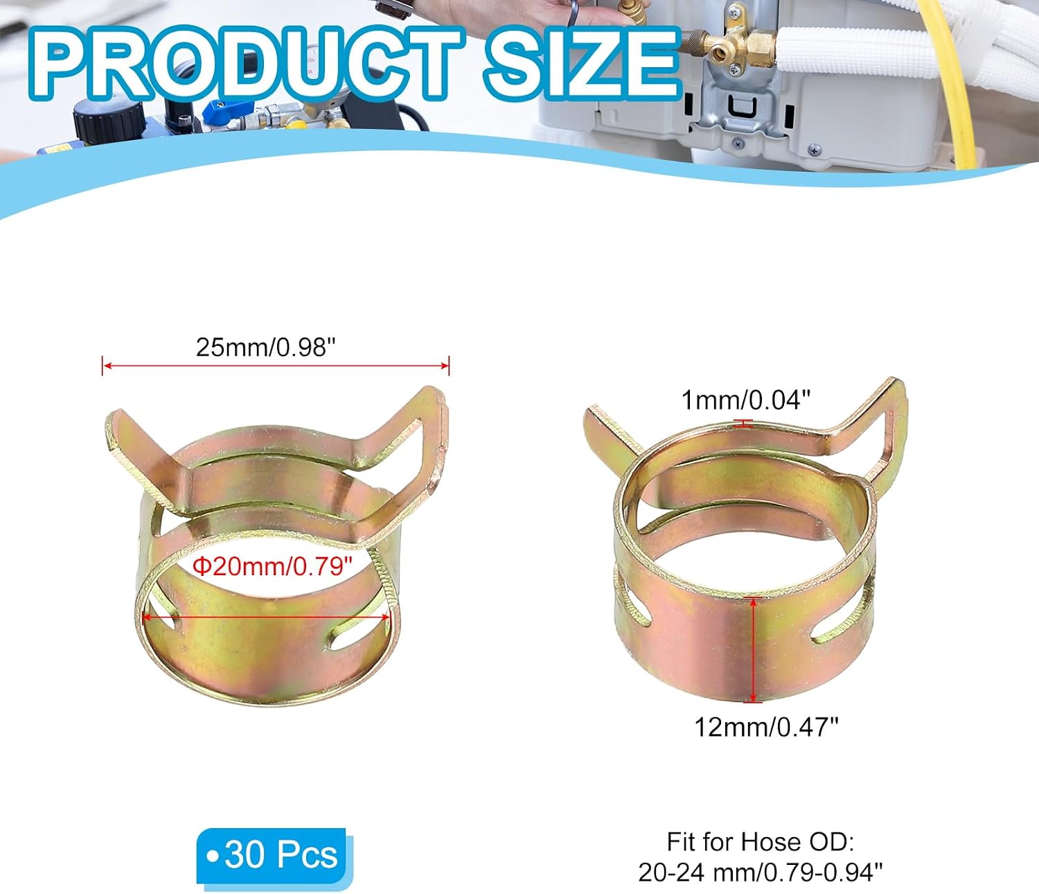PATIKIL Spring Band Hose Pipe Clamps for 20-24 mm OD Hose, 30 Pack Silicone Vacuum Constant Tension Band Clips for Fuel Line Silicone Air Hose Tube Water Pipe, Gold