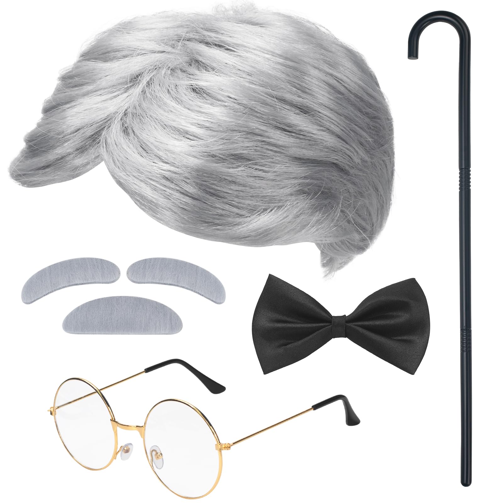 Old Man Wig and Glasses, Old Man Costume Grandpa Accessories with Funny Wigs, Grey Mustache Eyebrows, Black Bow Tie, Walking Cane for 100 Days of School Costumes, Halloween Cosplay