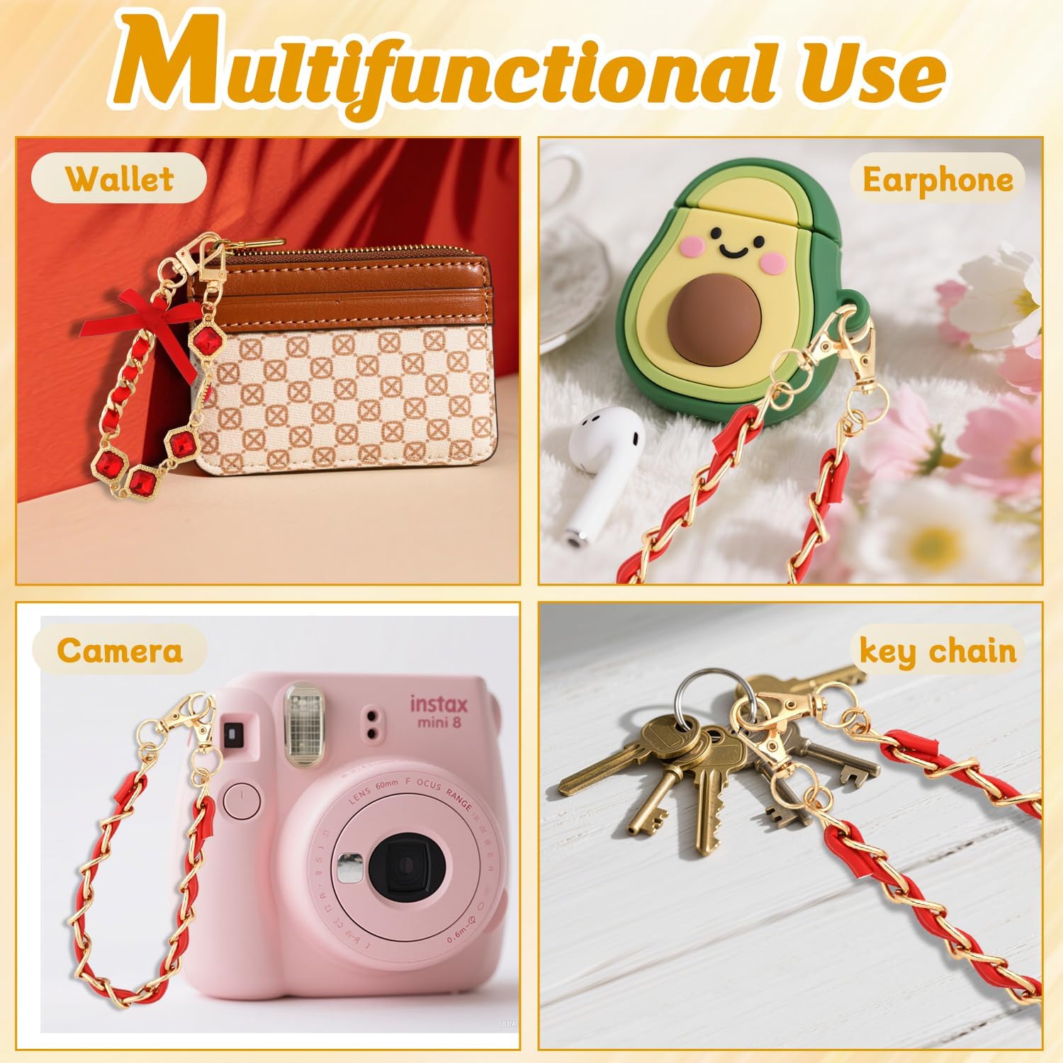 2 Pcs Phone Charm Wrist Strap with Tether Tab, Double Anti Lost Crystal Bow Beaded Wrist Lanyard, Detachable Pearl Metal Phone Charms for Bag, Key Chains, Camera Decor