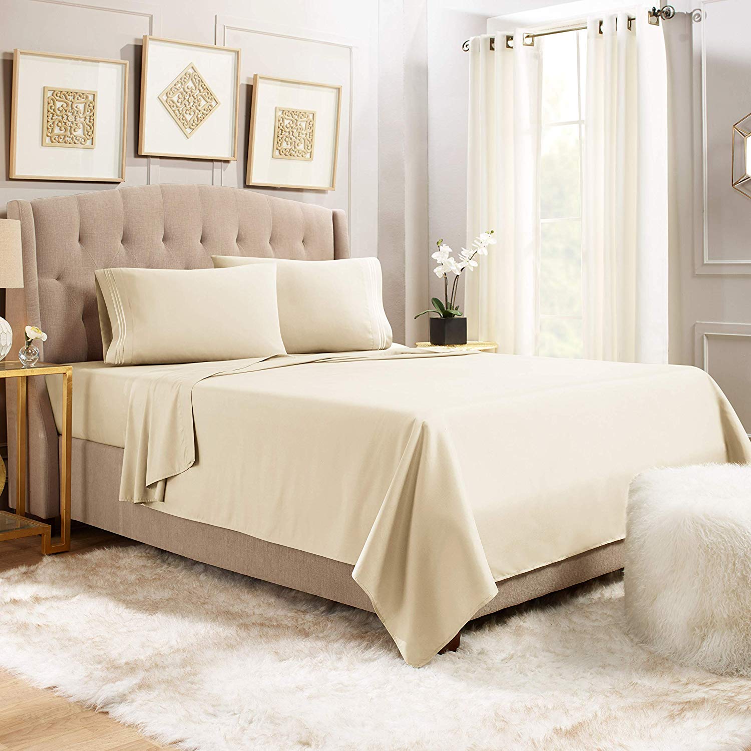 JS Sanders Affordable Microfiber 6 PC Bed Sheet Set - King Size, Cream