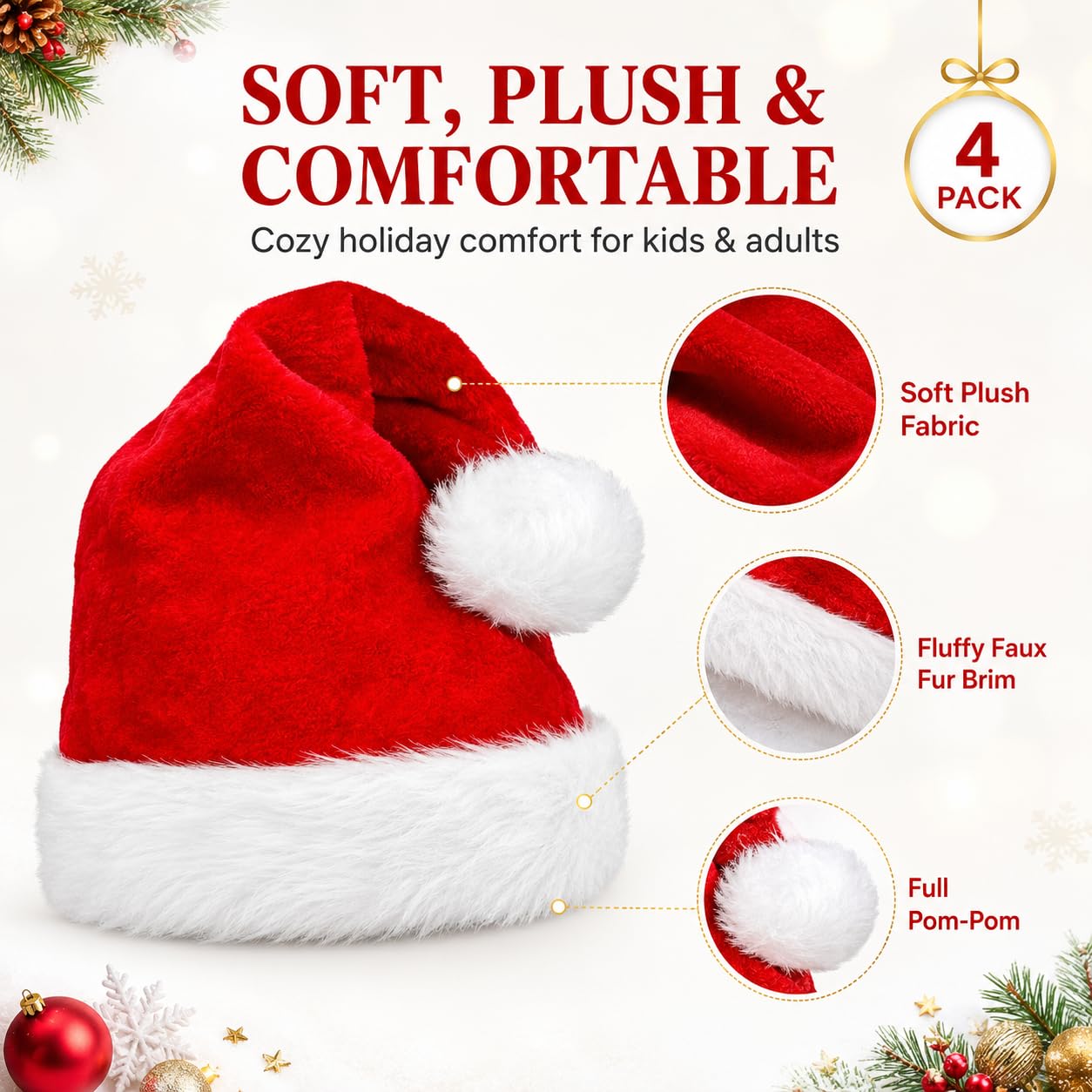 Paquete de 4 gorros de Papá Noel, gorro de Papá Noel de felpa para fiesta de Navidad, tamaño adulto