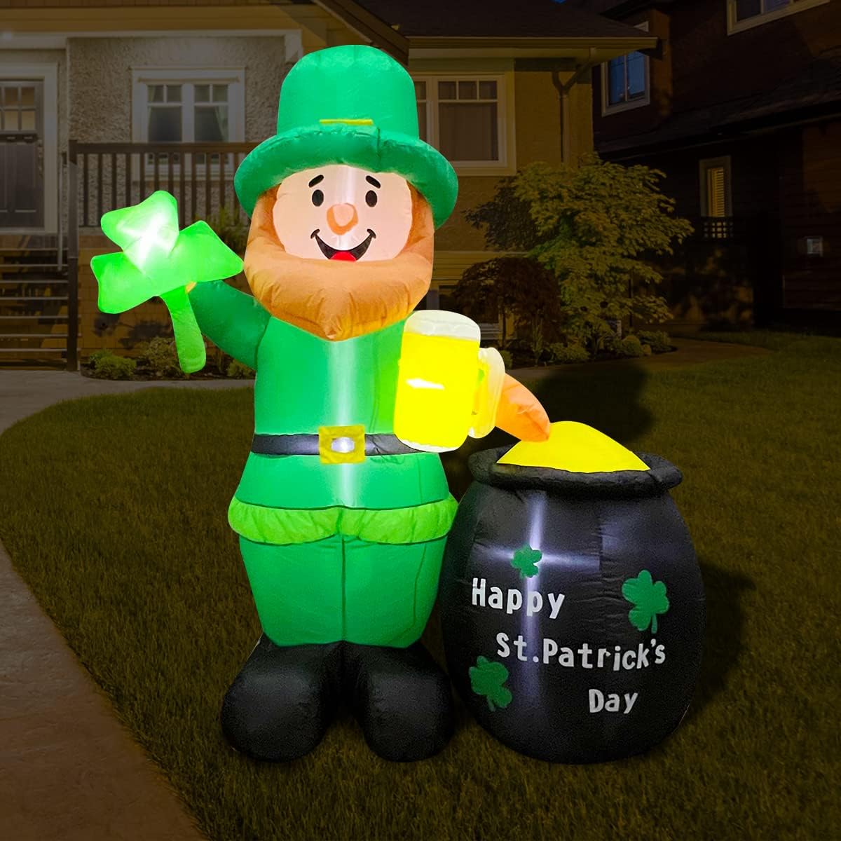 BLOWOUT FUN 6 Foot St Patricks Day Inflatable Leprechaun Holding Shamrock and Beer with Pot of Gold Cute Lucky Indoor Outdoor Lawn Yard Art Decoration Clearance : Patio, Lawn & Garden