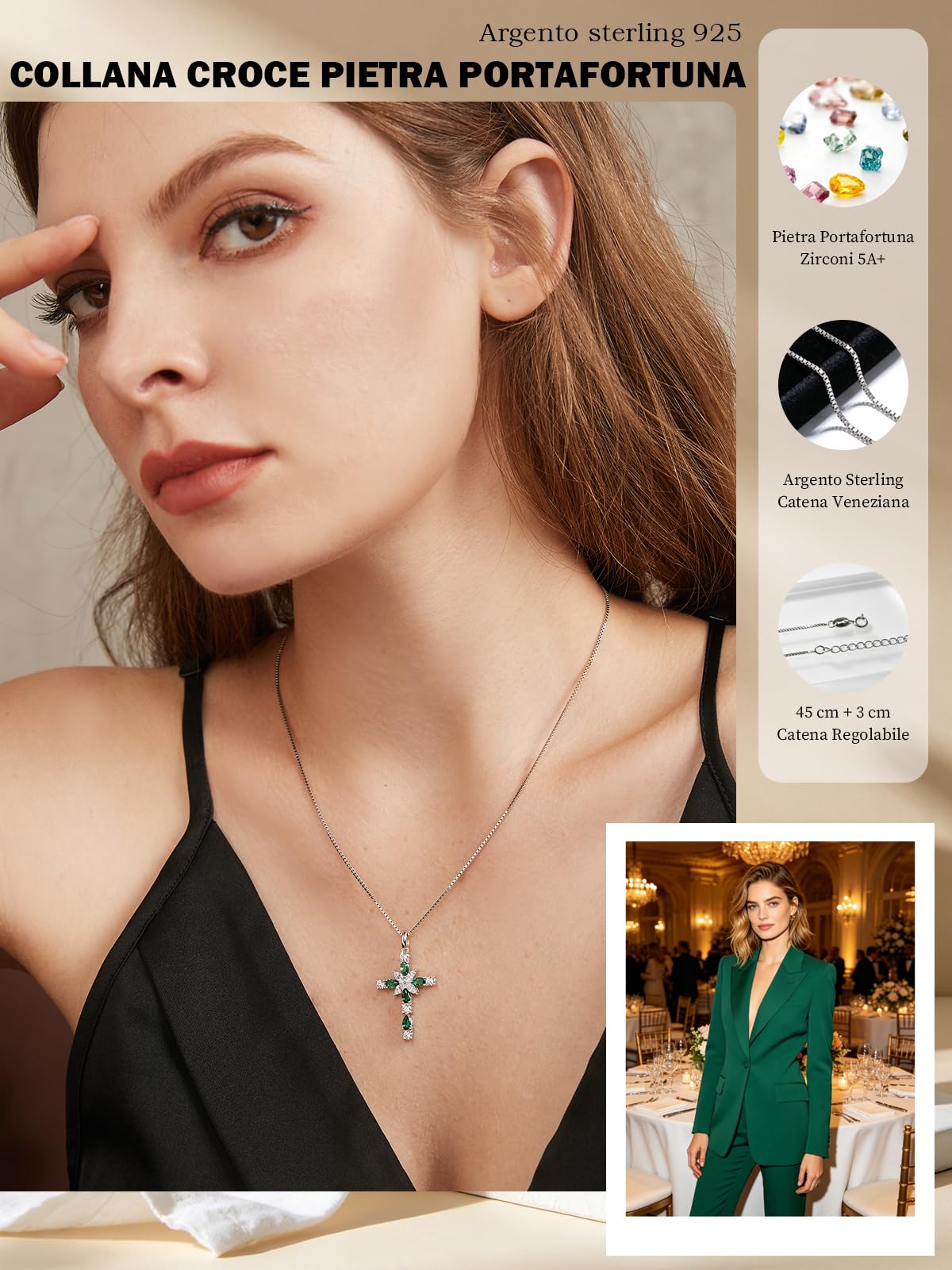 Collana da donna con ciondolo a forma di cuore, in argento Sterling 925, con pietra portafortuna
