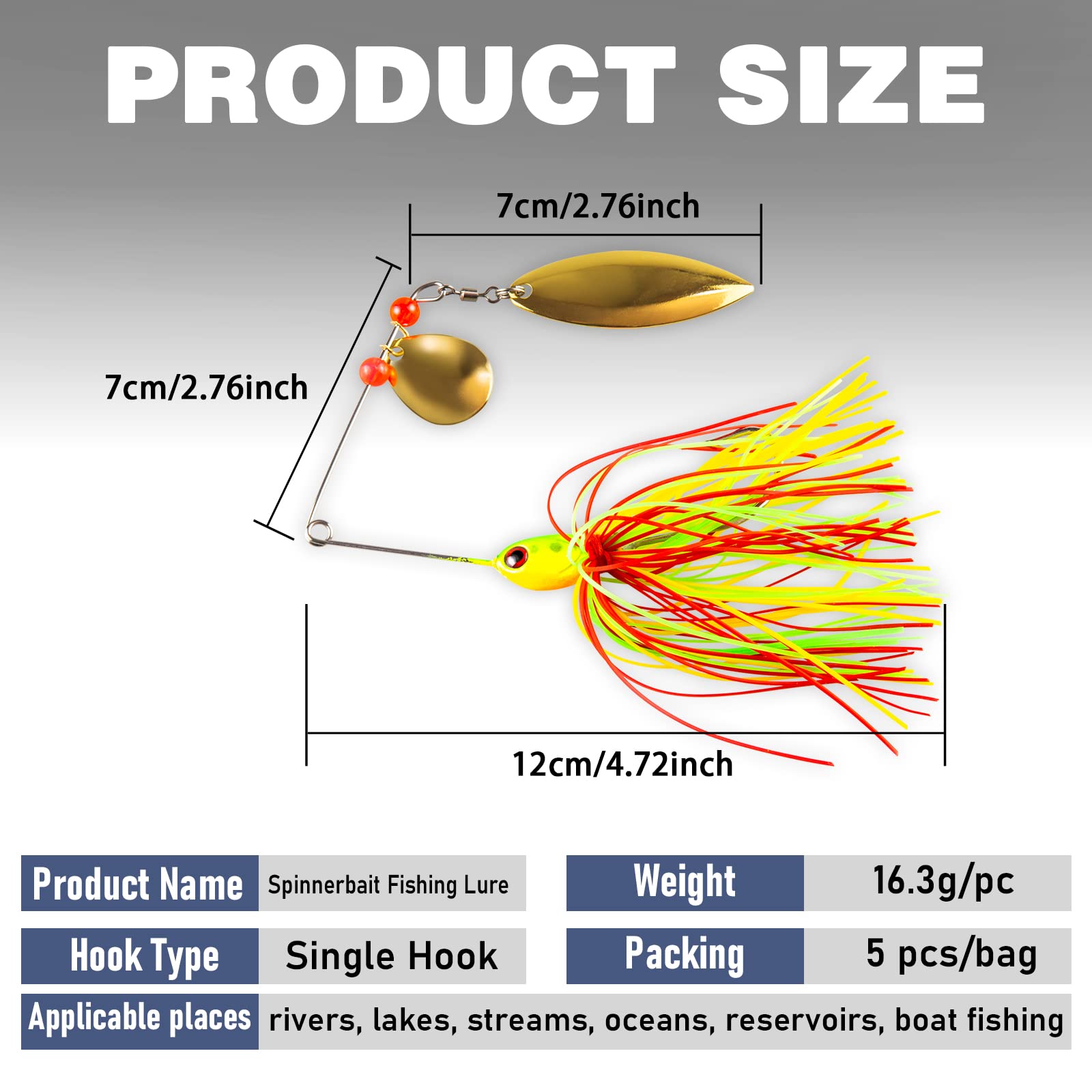 TUXIBIN Bass Spinnerbait, 5Pcs Fishing Lures Spinner Baits,Fishing Hard Spinner Lures, Bass Trout Salmon Hard Metal Spinnerbait Fishing Lures Buzzbait Spinnerbait Jigs Lure for Bass Pike Fishing 5-7