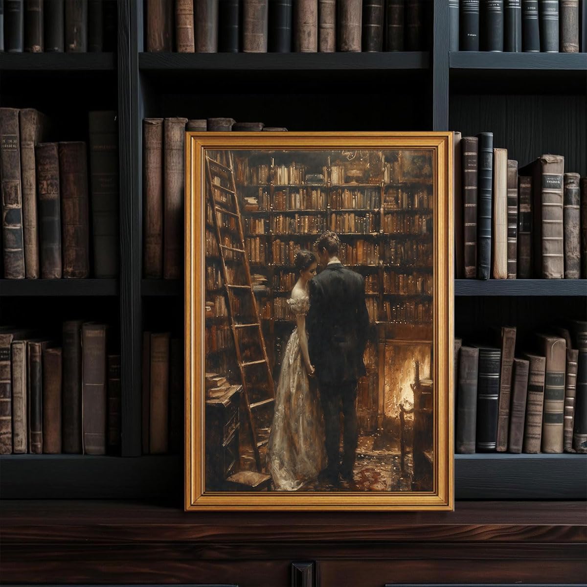 CHMMART Vintage Gold Framed Wall Art Dark Academia Couple Canvas Art Prints Victorian Cottagecore Pictures Wall Decor Moody Bookish Paintings Artwork for Living Room Bedroom 16x24in