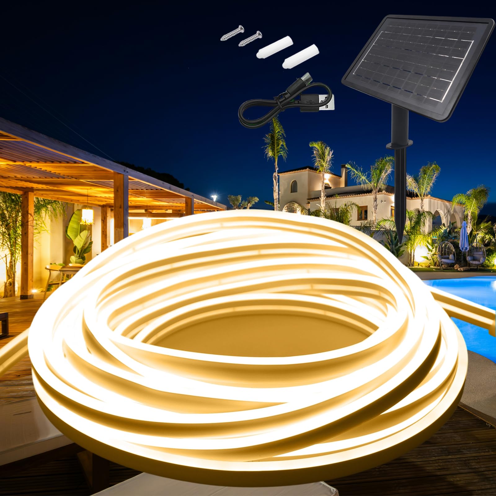 KISUFU 24V Solar Neon Light Strip, 120 LEDs/m IP68 Waterproof Outdoor Garden Solar Powered Fairy Lights with 7200mAh Solar Cell Box Controller for Patio Yard Party.