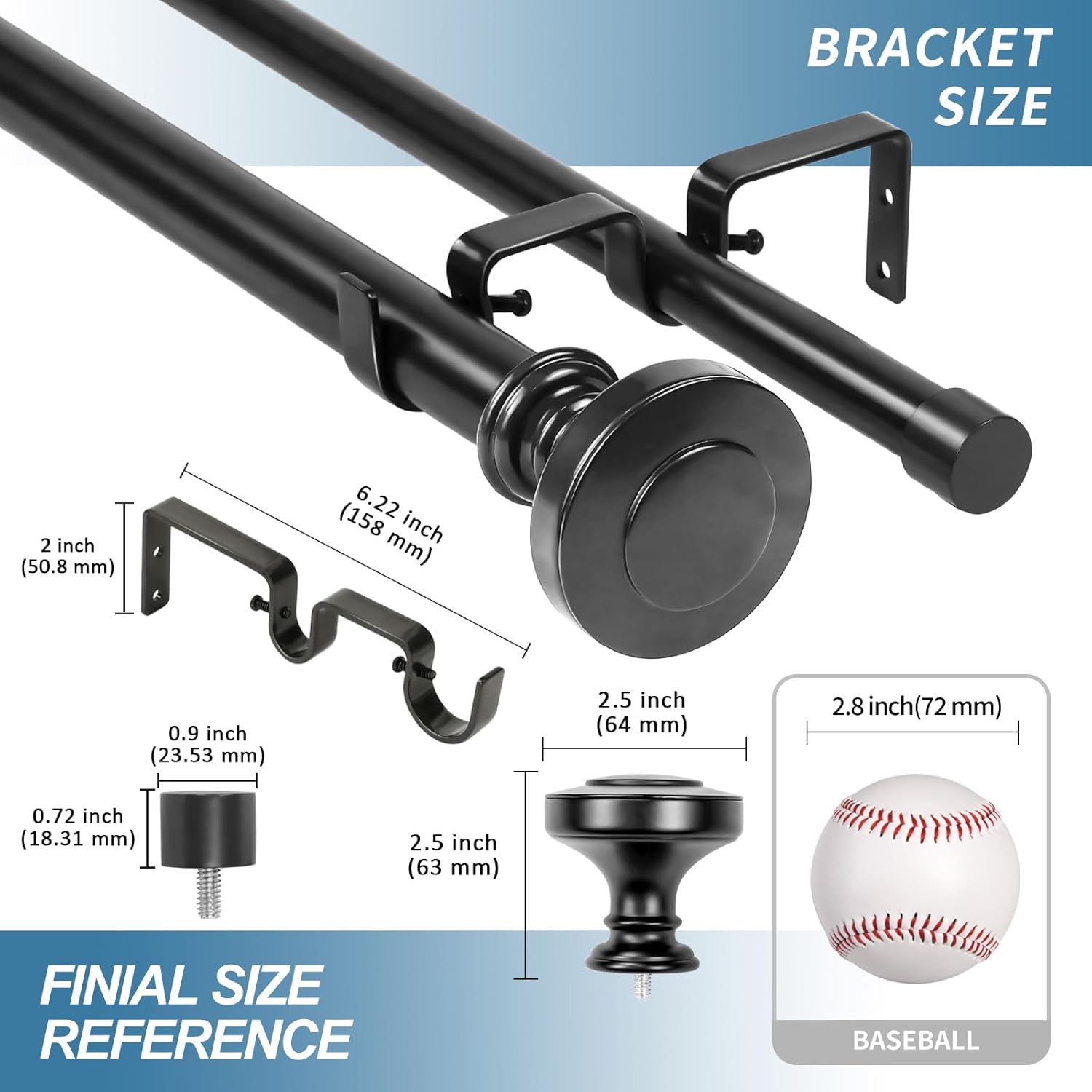 Urbanest Semplice Manhattan 1" 3/4" Double Drapery Curtain Window Rod Set - 28" to 48", Black