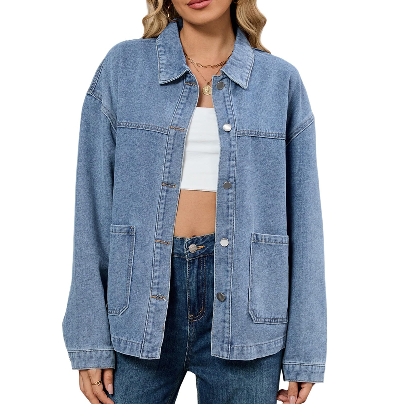 Generisch Jeansjacke Damen Mit Knöpfen Übergangsjacke Langarm Mantel Jeans