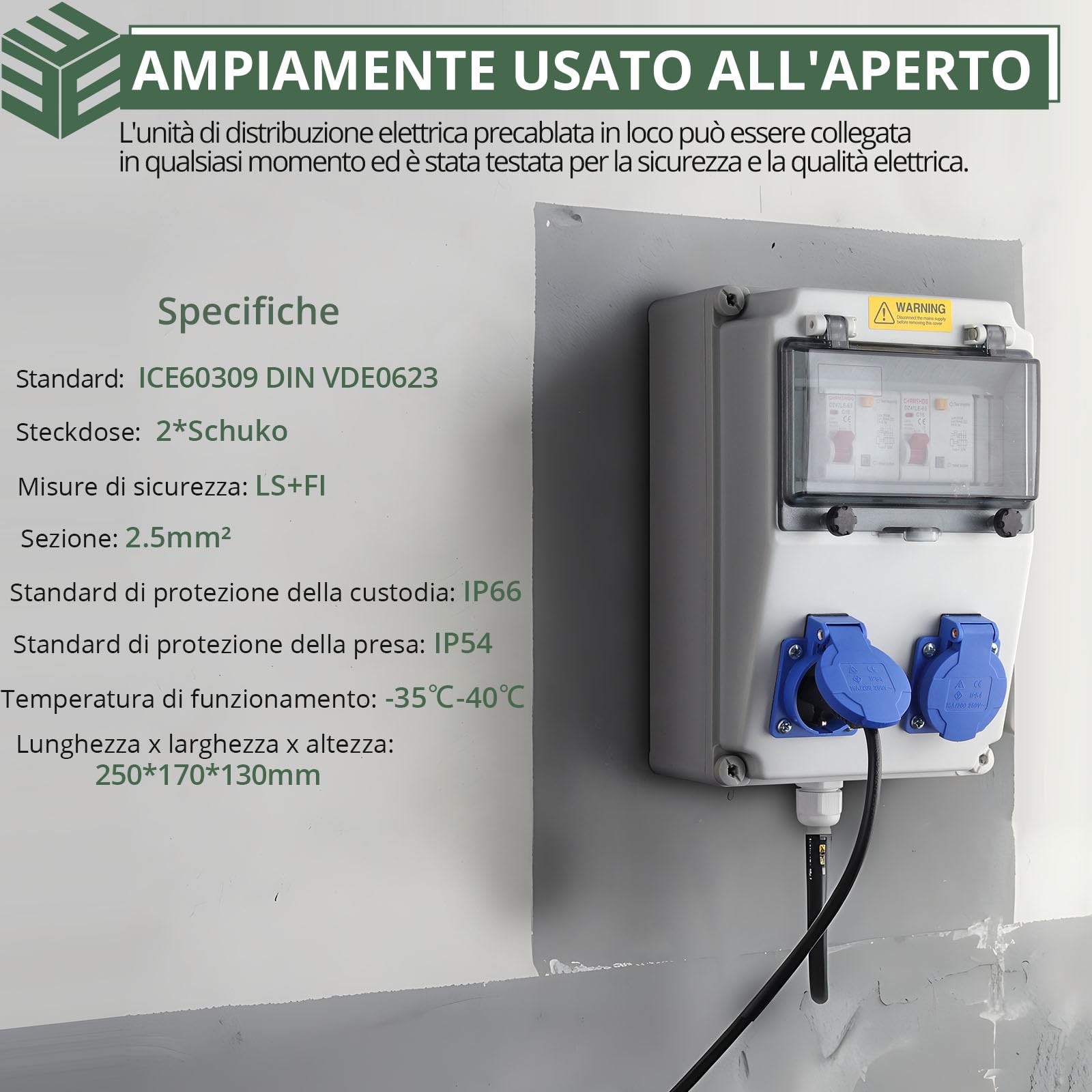 EYPINS Distributore di Corrente da Cantiere,2x 230V,Quadro Elettrico Esterno da Parete,Protezione LS e FI,Impermeabile,per Giardini, Garage, Officina