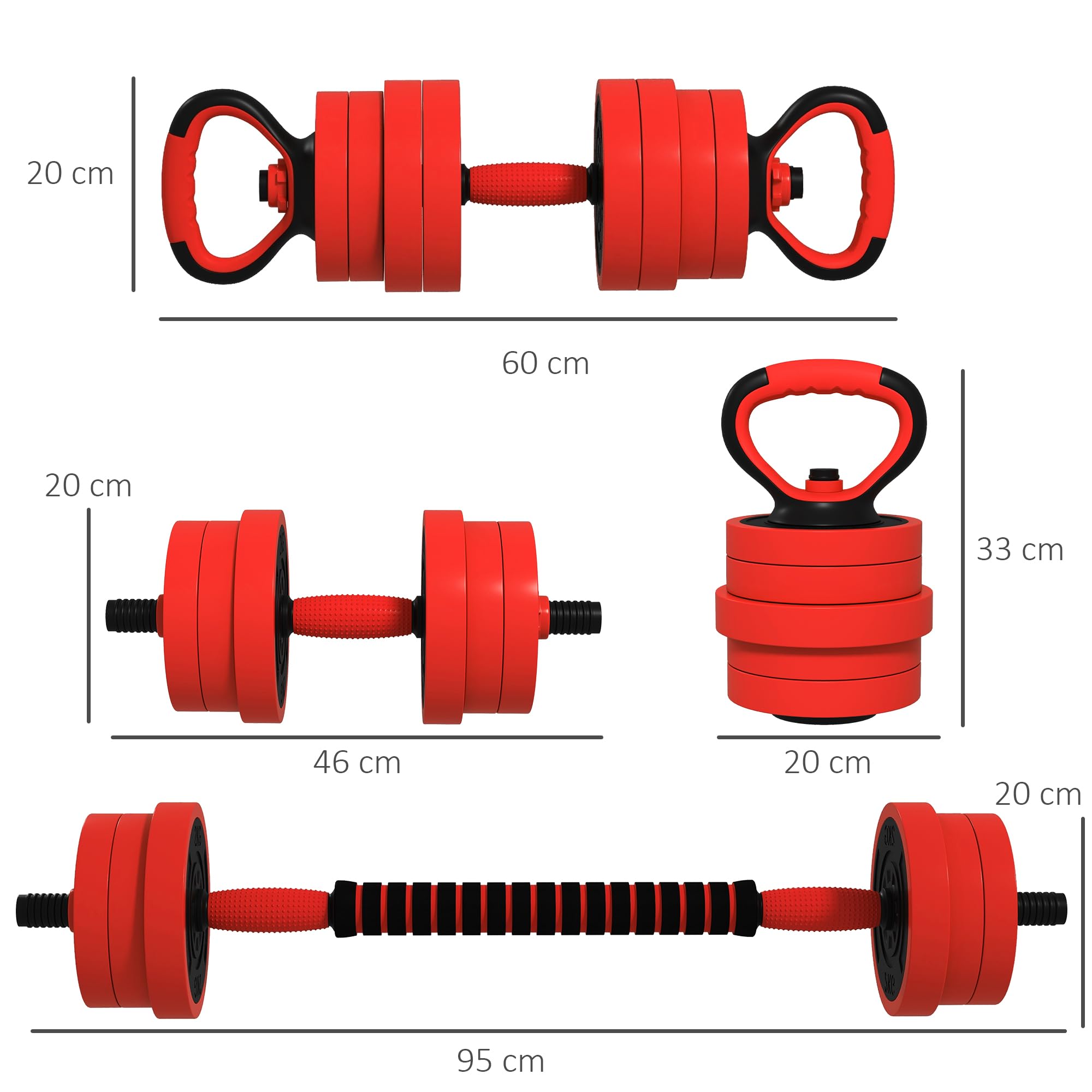 SPORTNOW hantle do treningu siłowego 4 w 1, regulowane hantle, 20 kg, z krążkami i prętami, klamrami zabezpieczającymi, powłoką z tworzywa sztucznego, do sprzętu fitness, sprzętu domowego, czerwone