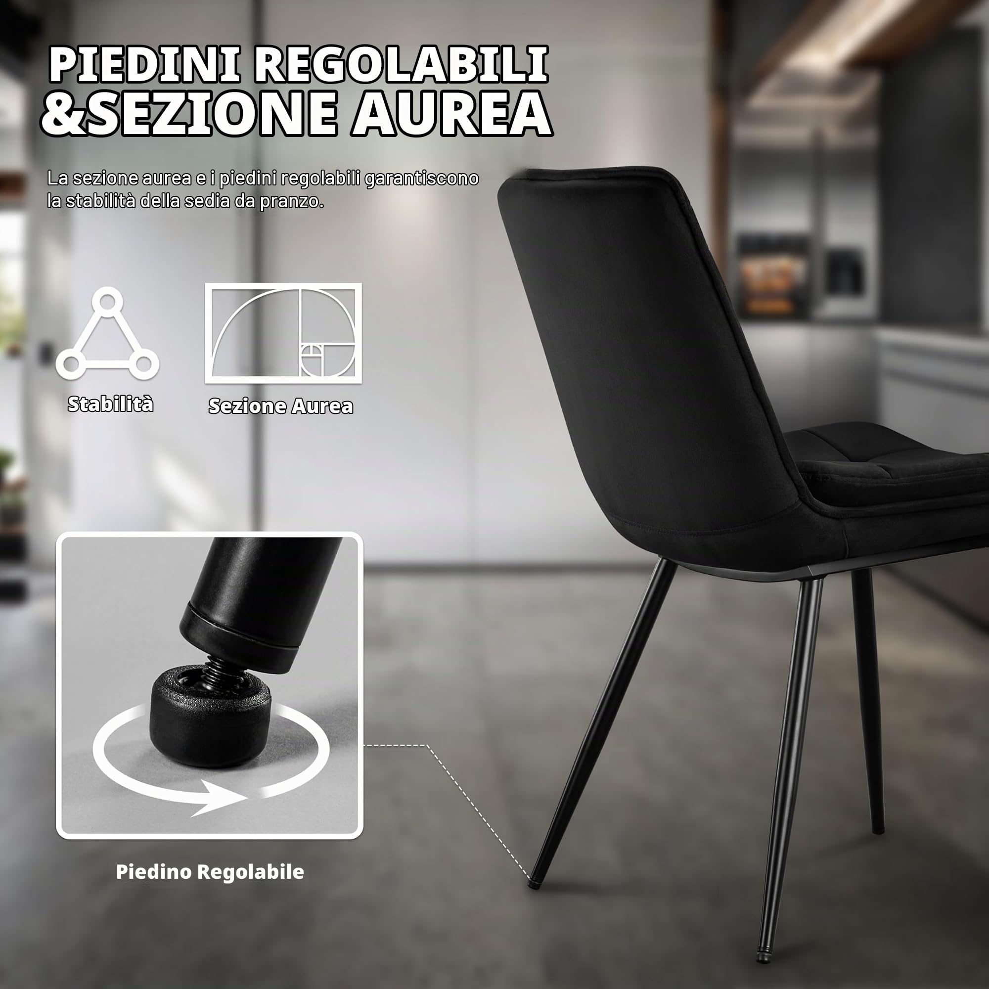 STOOLINK Set di 4 Sedie Sala da Pranzo, Sedie da Sala da Pranzo Moderna, Sedie da Pranzo Imbottita in Velluto, Sedia da Cucina di Design a Scacchiera Senza Braccioli per Cucina, Soggiorno - Nero