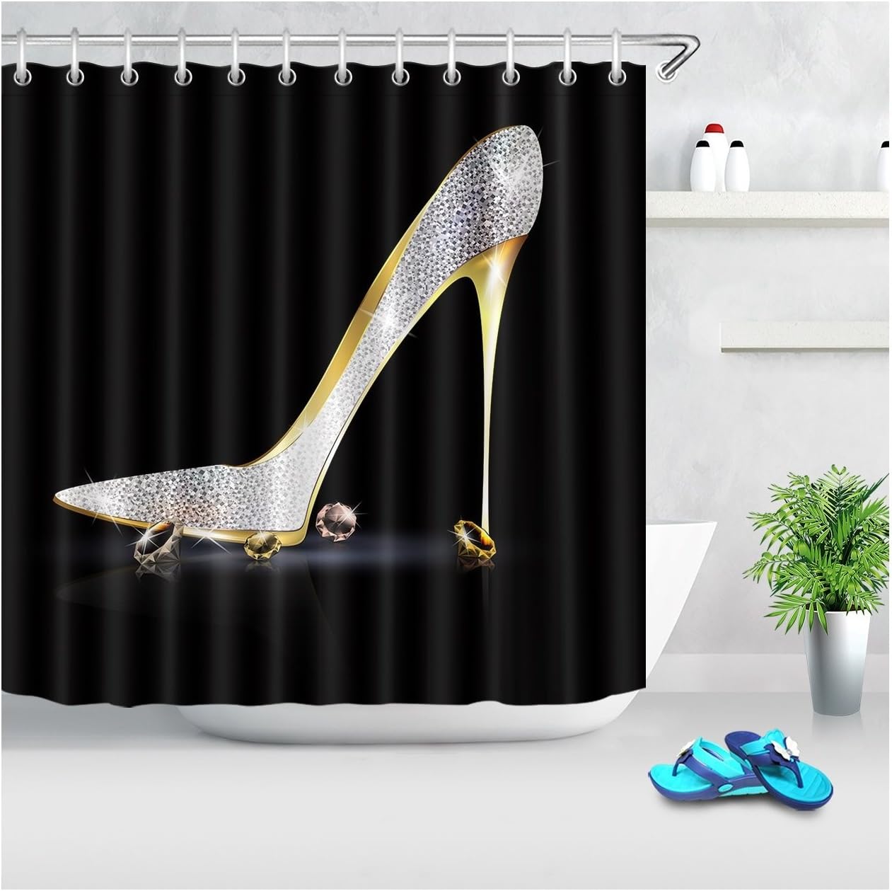 LB Diamonds Silver Gray High Heels Shoe Shower Curtain 72x72 inch Modern Fashion Girl Black Bathroom Curtain Waterproof Polyester Fabric Bath Curtain Hooks Included