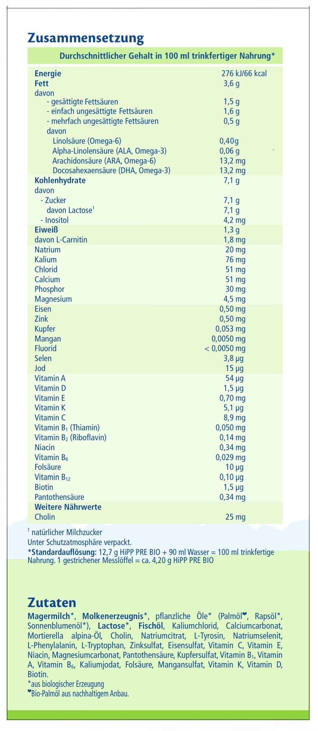 HiPP PRE Bio Anfangsmilch (4 x 600g), von Geburt an, enthält nur Lactose als Kohlenhydrat, in bester Bio-Qualität