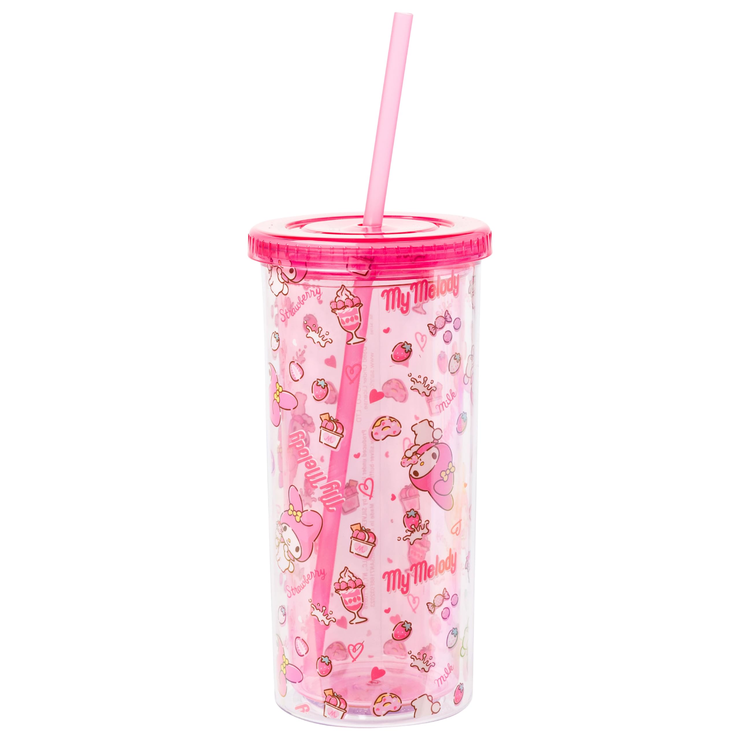 Silver Buffalo Sanrio My Melody - Taza fría alta de plástico con tapa y pajita, 20 onzas | Hello Kitty and Friends, patrón de fresa, dona y batido, incluye tapa y pajita, 0,59 litros