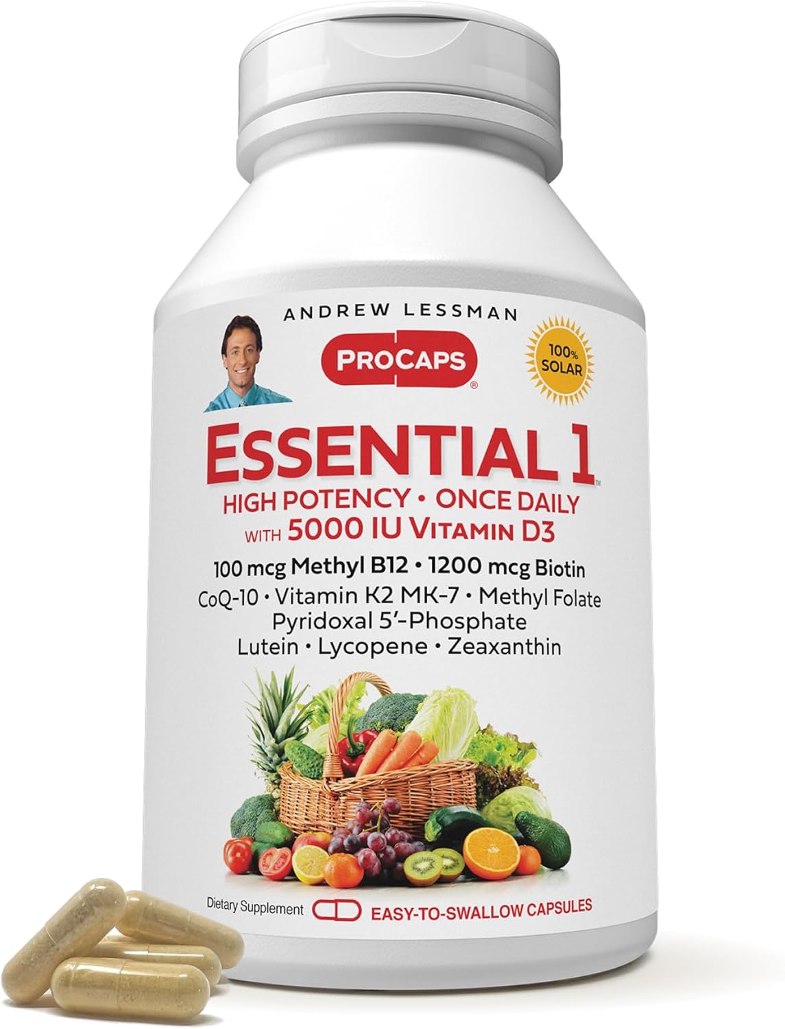 ANDREW LESSMAN Essential-1 Multivitamin 5000 IU Vitamin D3 360 Small Capsules – 100 mcg Methyl B12. CoQ10 Lutein Lycopene Zeaxanthin. High Potency. No Additives. Ultra-Mild. One Daily Capsule
