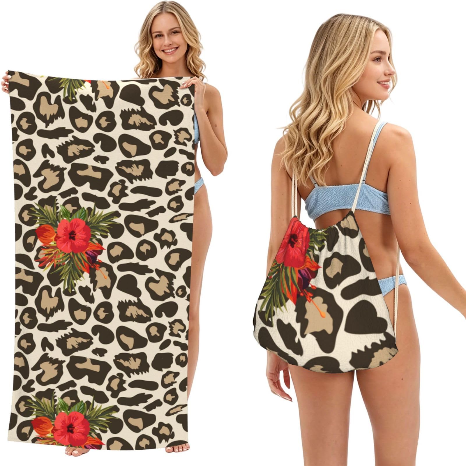 Poadnly As Picture Leopard Hibiscus Flower, 2 In 1 Packable Towel Bag, Beach Towels With Drawstring Backpack For Travel Holiday Camping