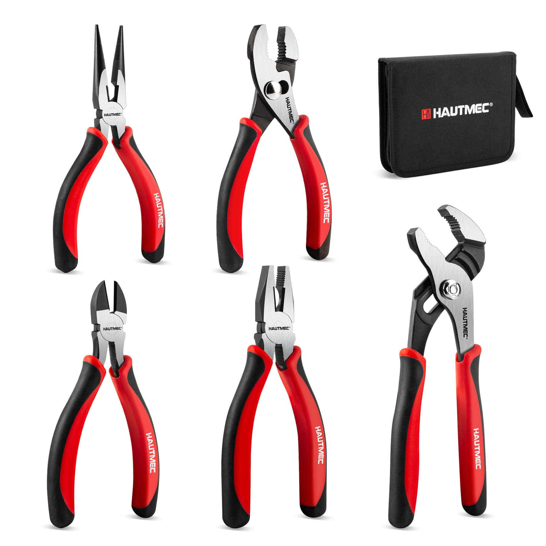 HAUTMEC 5-Piece Pliers Set with Bi-Material, Including 6" Slip-joint, Long Nose, Diagonal Cutters, 7" Linesman Plier, 8" Groove Joint Pliers, for Home Maintenance, Basic Repair & DIY, HTPTM25035-UK-N3