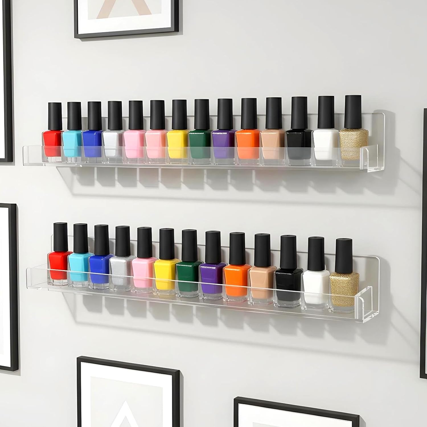 Nail Polish Shelf Wall 15 Inch Acrylic Clear Rack Sunglass Organizer Multi-Purpose Floating Shelves for Beauty Salons Retailer Dressing Room (12 Pcs)