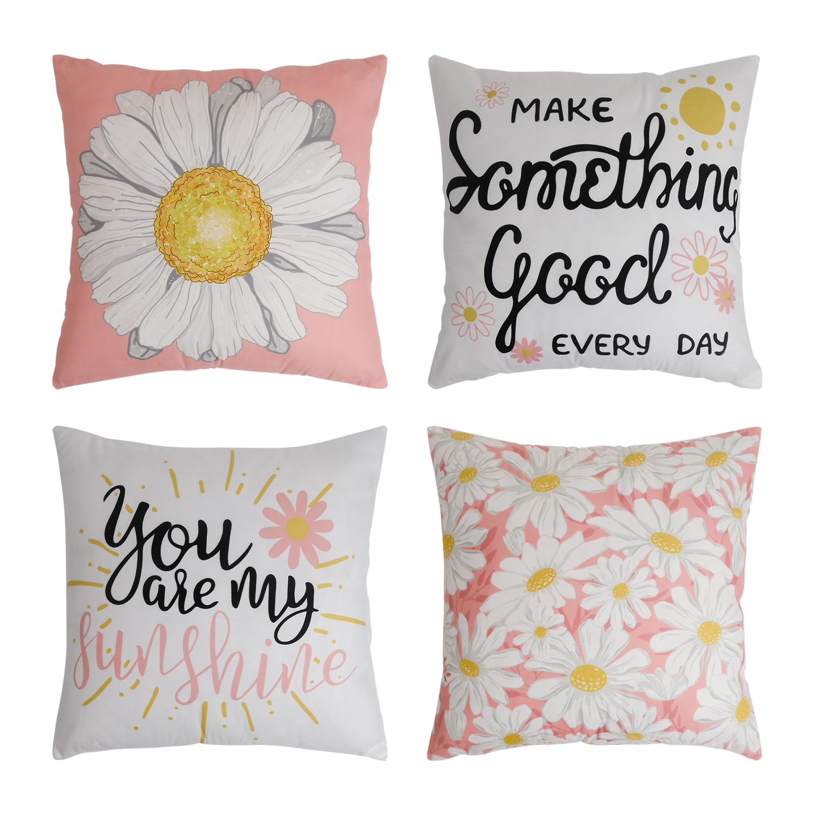 Daisy Decorative Throw Pillow Covers 18x18 Set of 4 for Home Decor Couch Pillows for Living Room and Patio Couch Sofa Cushion Covers Pink and White
