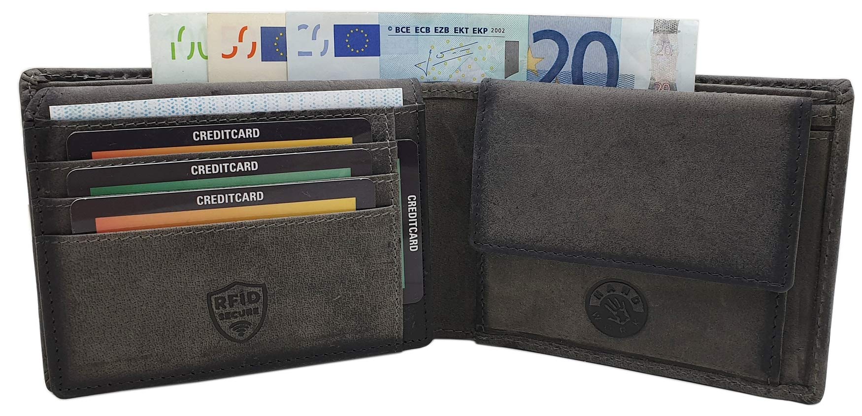 Portfel z Prawdziwej Skóry Bawolej / Portmonetka w Formacie Poziomym z Motywem Trupiej Czaszki, Ochroną RFID i NFC, Kolor Brązowy lub Szary, Einheitsgröße