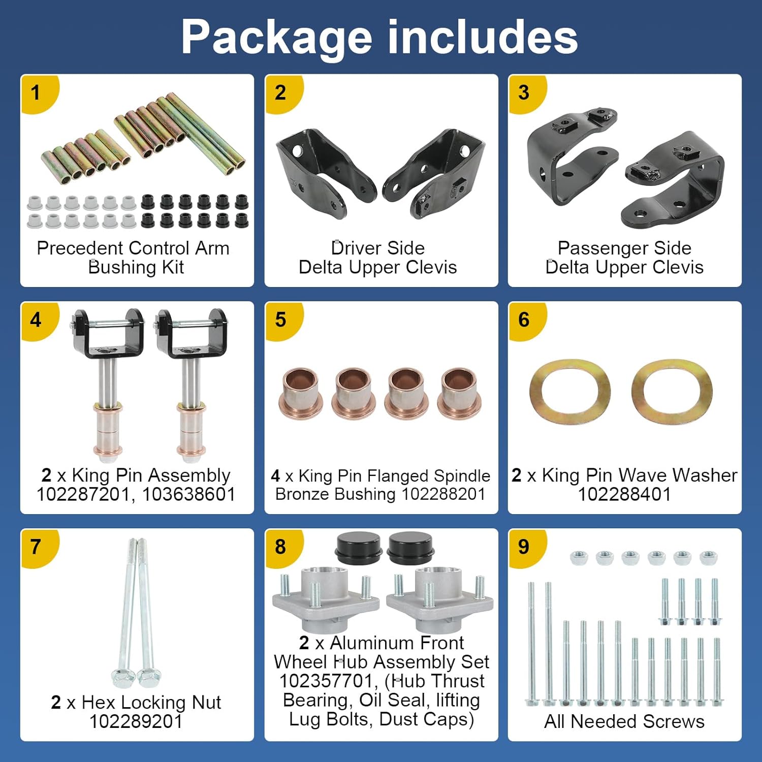 CARMOCAR Golf Cart Precedent Front Repair kit Replacement for 2004 Up Club Car Precedent Gas Electric Including Front Wheel Hub King Pin Bearing Bushing Spring Full Set 102357701, 102289701