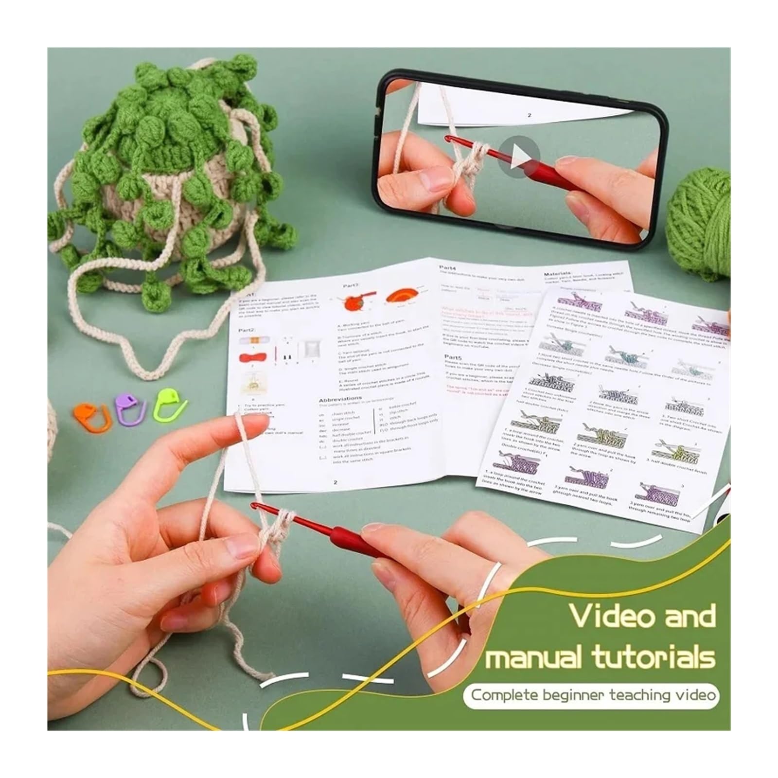 OPIGJUFD Kits de Ganchillo Kit de planta colgante crochet for principiantes con instrucciones, hilo algodón, agujas, ganchos y juego herramientas for tejer para Proyectos de Manualidades(Type2)