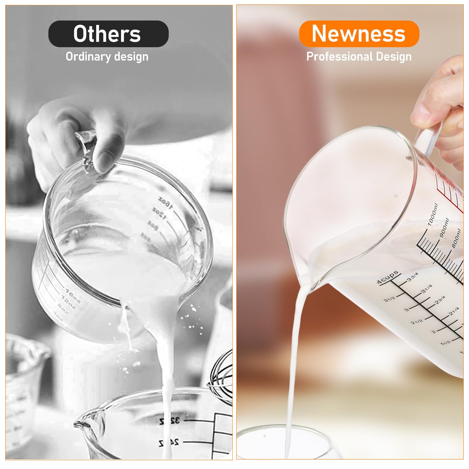 STOBAZA Taza Medidora de Vidrio de 1000 Ml con Asa, Vaso Graduado Multifuncional con Cuatro Escalas (ml, Onzas, Tazas), Resistente Vidrio de Borosilicato, Adecuado para Repostería y