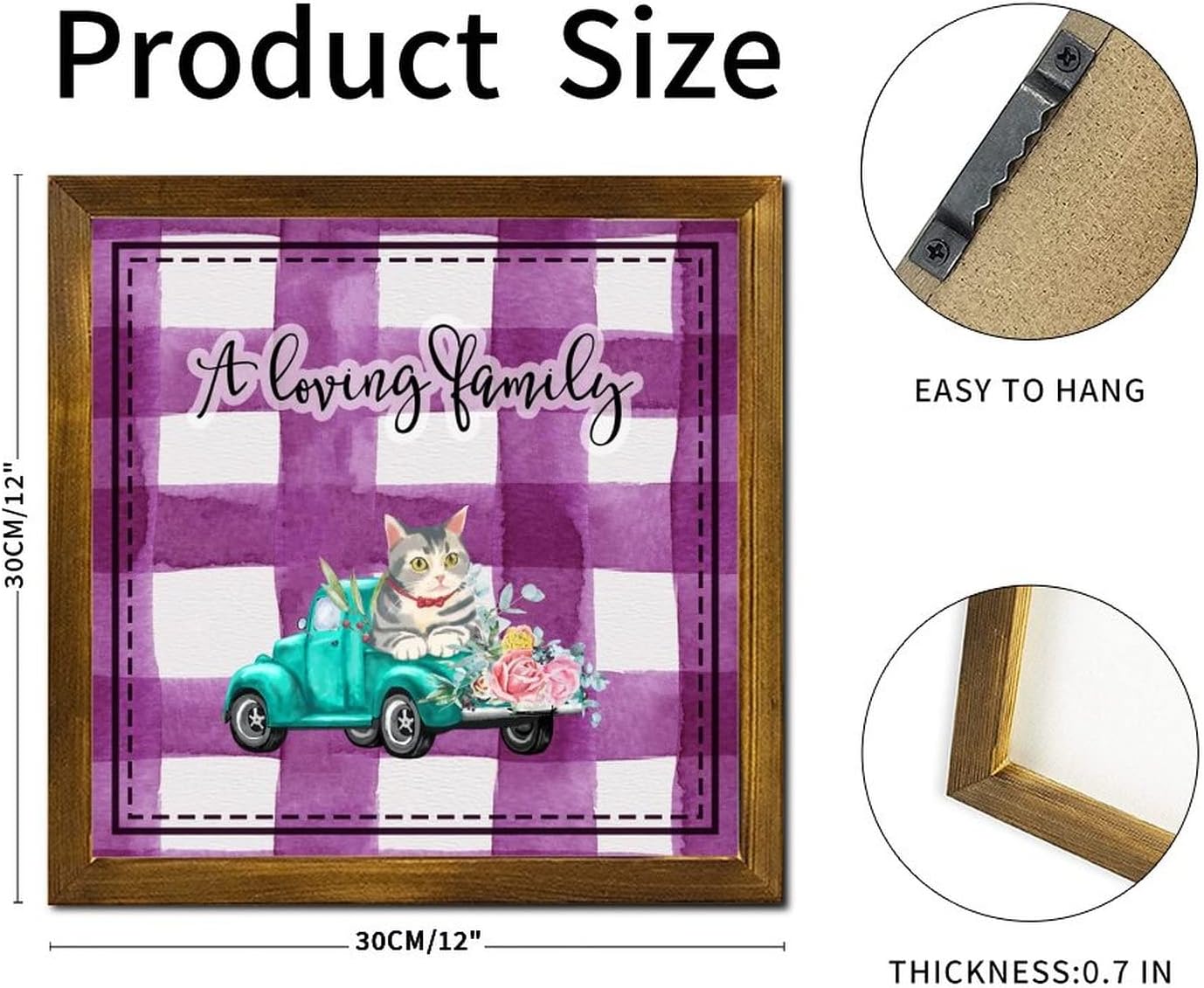 A Loving Family Framed Wooden Signs Purple Buffalo Plaid Green Truck Cat Door Sign Retro Nature Plants Wall Decor Hanging Plaque Sign for Kitchen Living Room Bedroom Home 12x12 inch