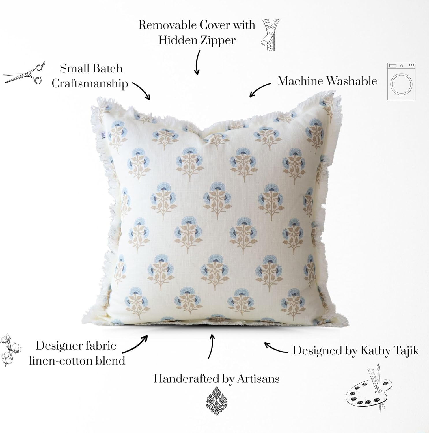 Henrietta Petite Fleur Block Print Pillow Cover – 100% Cotton Decorative Throw Pillow Cover – Vintage Floral Coastal Grandma Grandmillennial Style Accent for Sofa, Couch, or Bed (20x20) - Image 8