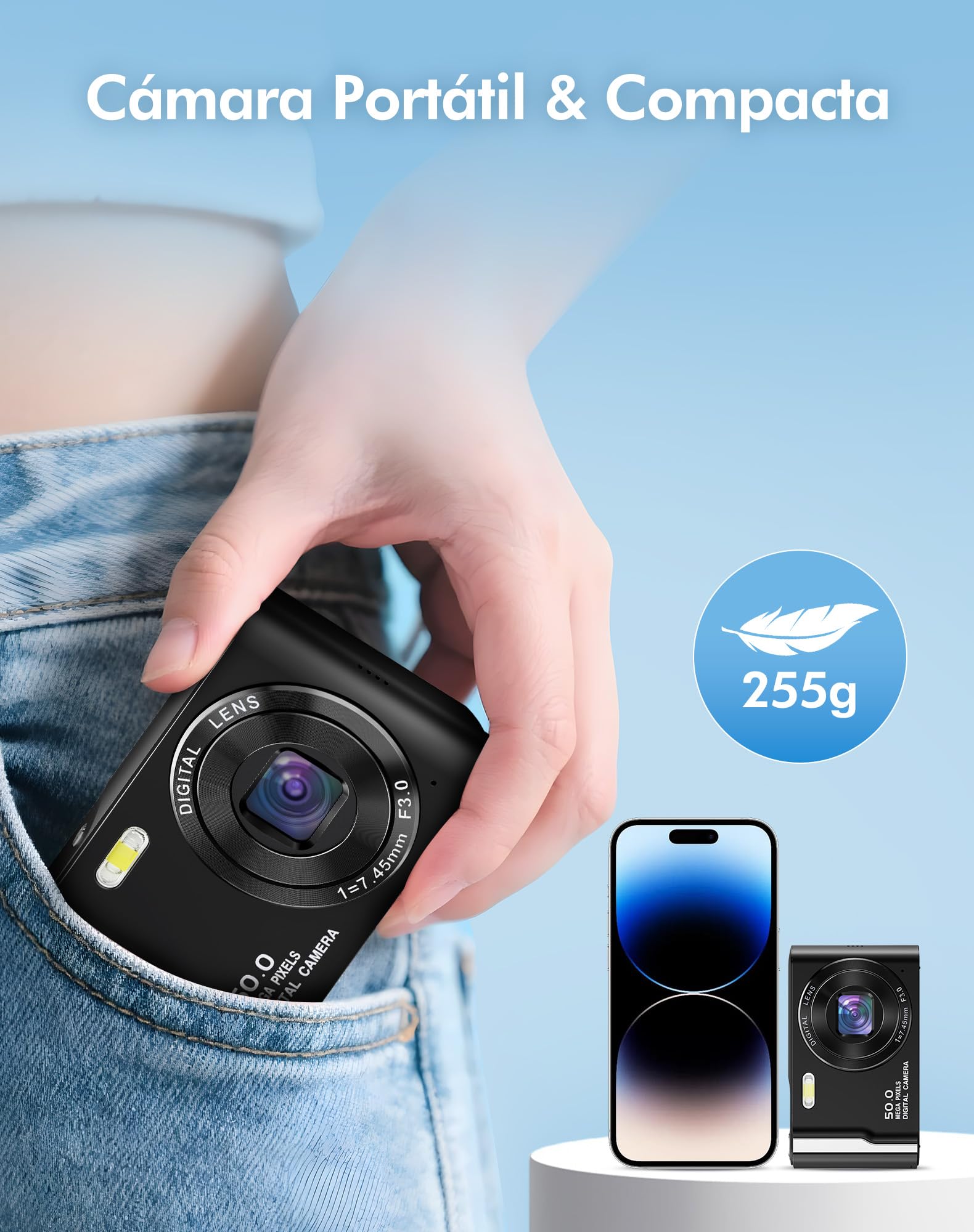Cámara Digital, Camara de Fotos 4K 50MP con Pantalla de 2,8″ y Zoom 16X, Camara Digital Compacta con Tarjeta 32GB, Autoenfoque y Estabilización, para Niños, Adolescentes y Principiantes, Negro