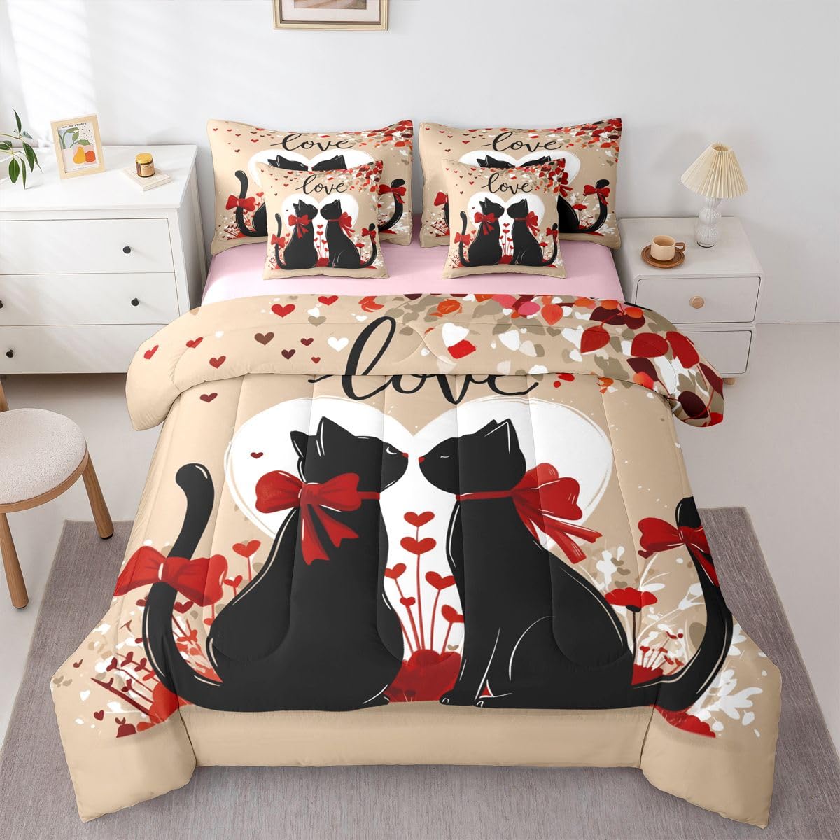 Cats Couple 7 Pieces Comforter Sets Twin,Cartoon Pet Valentine Animals Bedding Set for Kids Girls Bedroom Decor,Watercolor Hearts Flowers Bed in a Bag with Comforter,Sheets and Pillow Cases