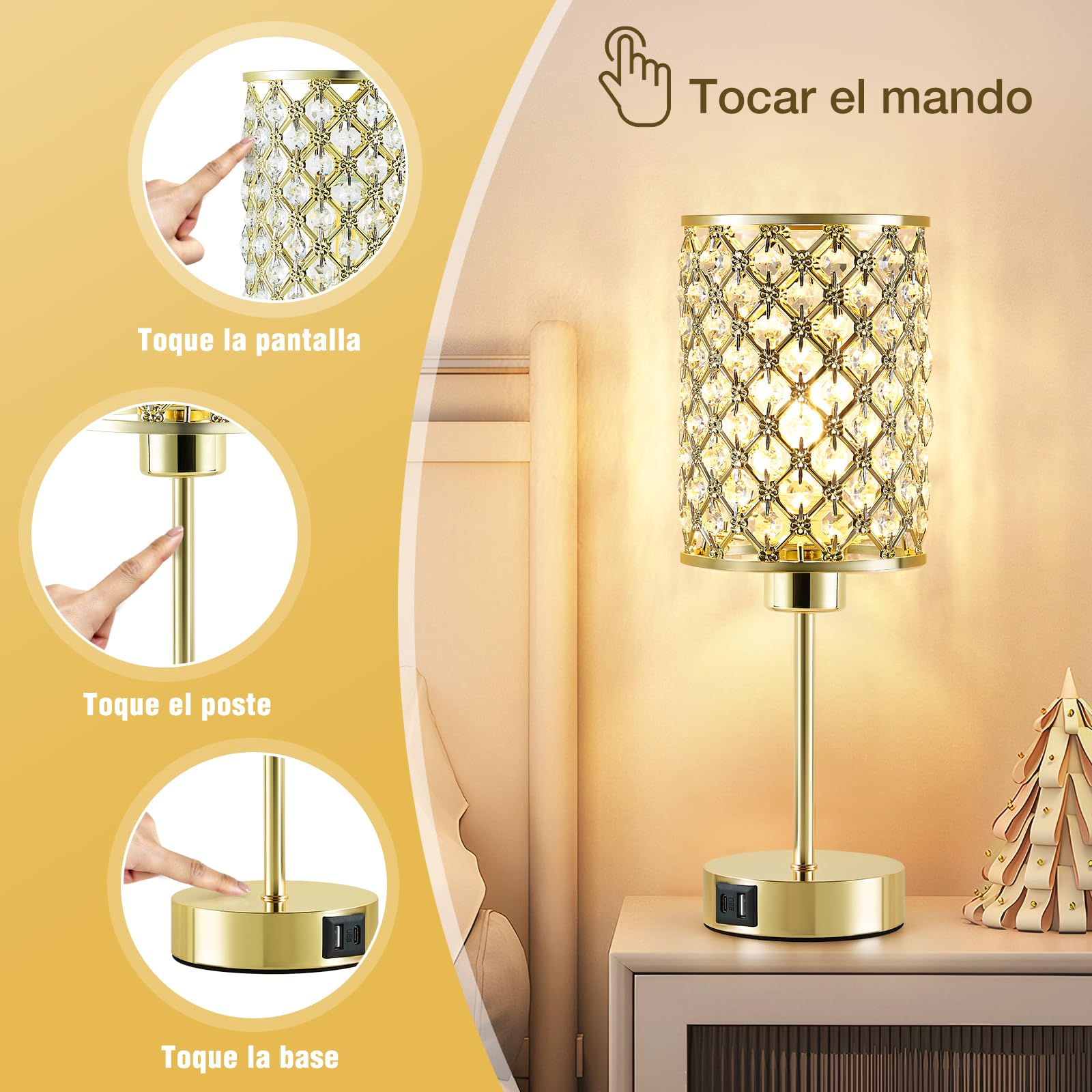 GyroVu Lámpara de mesa de cristal, lámpara táctil dorada para mesita de noche con puertos USB C+A, lámpara regulable en 3 niveles con pantalla de cristal, lámpara pequeña para dormitorio