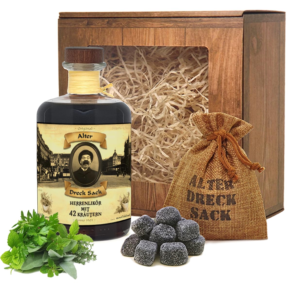 Geschenkbox Alter Dreck Sack Herren Likör mit 42 Kräutern 0,5L Kräuterlikör Kräuterschnaps 32% Vol. Männergeschenk