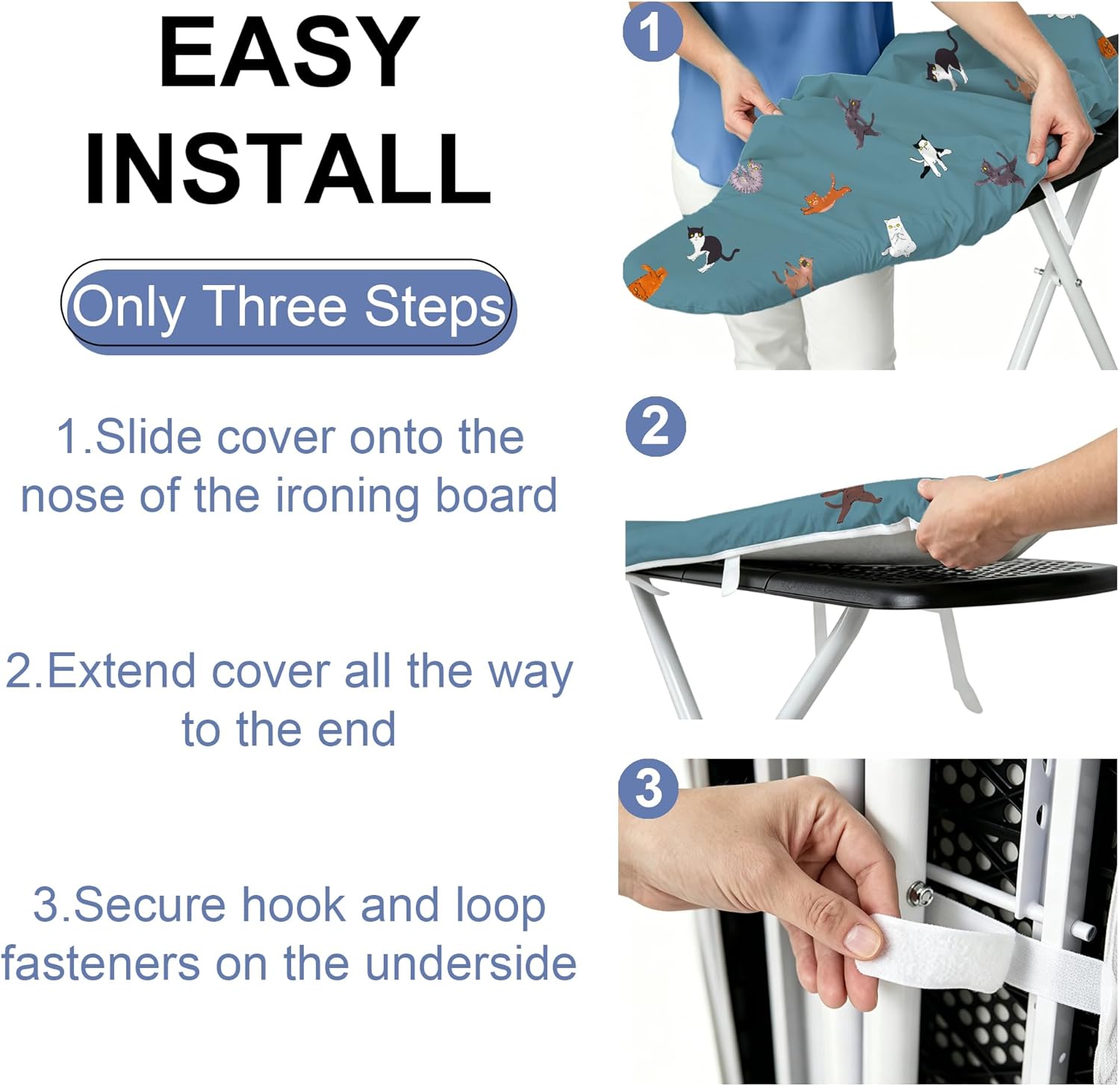 Funny Cat Ironing Board Cover and Pad 15x54 Inch, 100% Cotton Surface Durable Iron Cover, Standard Size Ironing Board Covers, with Elastic Edge & 2 Hook & Loop Fastener Straps for Easy Installation