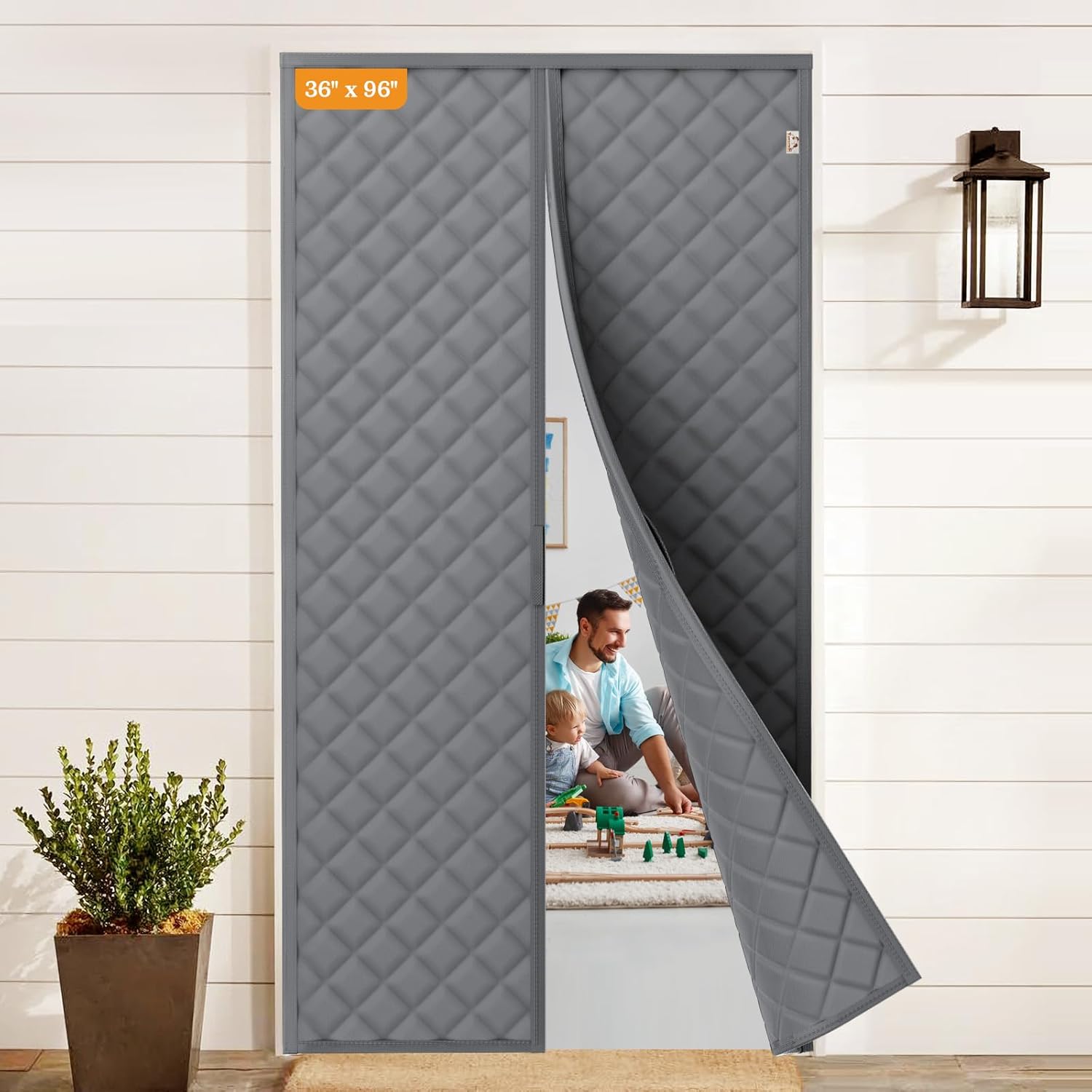 Yotache Magnetic Thermal Insulated Door Curtain Fits 36 x 96 inch Doors, Curtain Size 38" x 98" Weatherproof Oxford Material Screen Door Covers Keep Cold Drafts Out, Gray