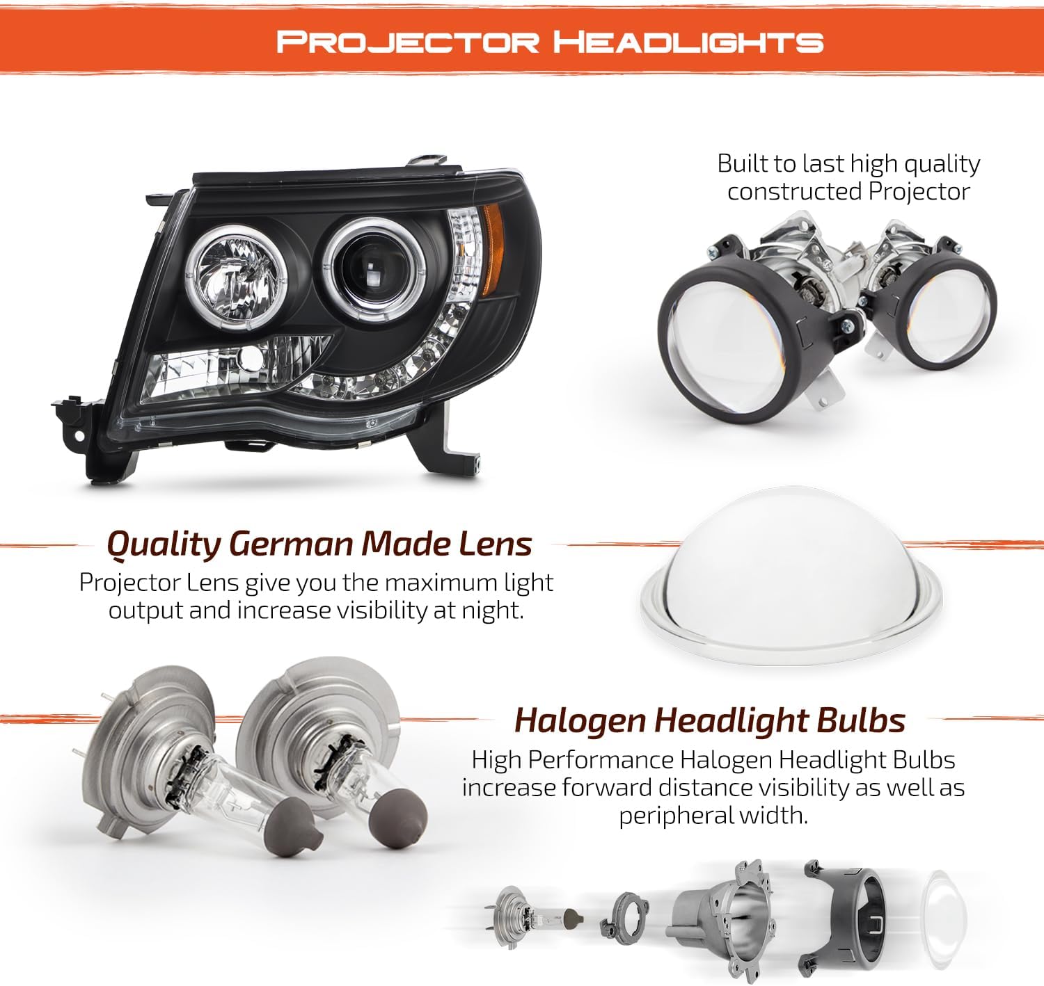 AKKON - For 05-11 Toyota Tacoma Pickup Black Bezel Dual Ring Design Projector LED Replacement Headlights